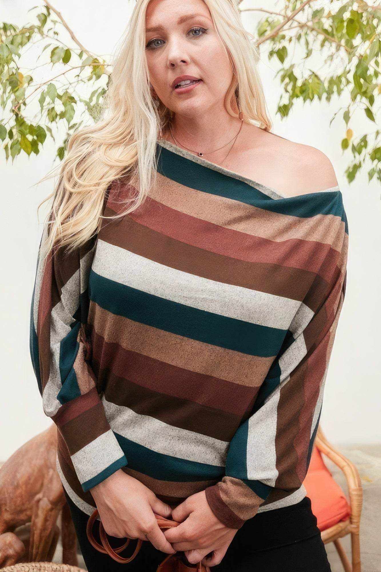 Boat Neck Long Bubble Sleeve Multi Stripe Print Knit Top - Purcell's Clothing Company