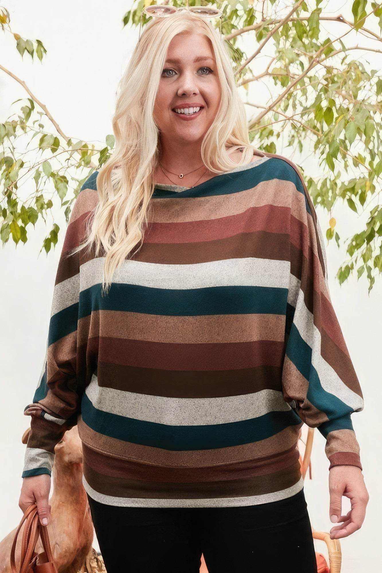 Boat Neck Long Bubble Sleeve Multi Stripe Print Knit Top - Purcell's Clothing Company