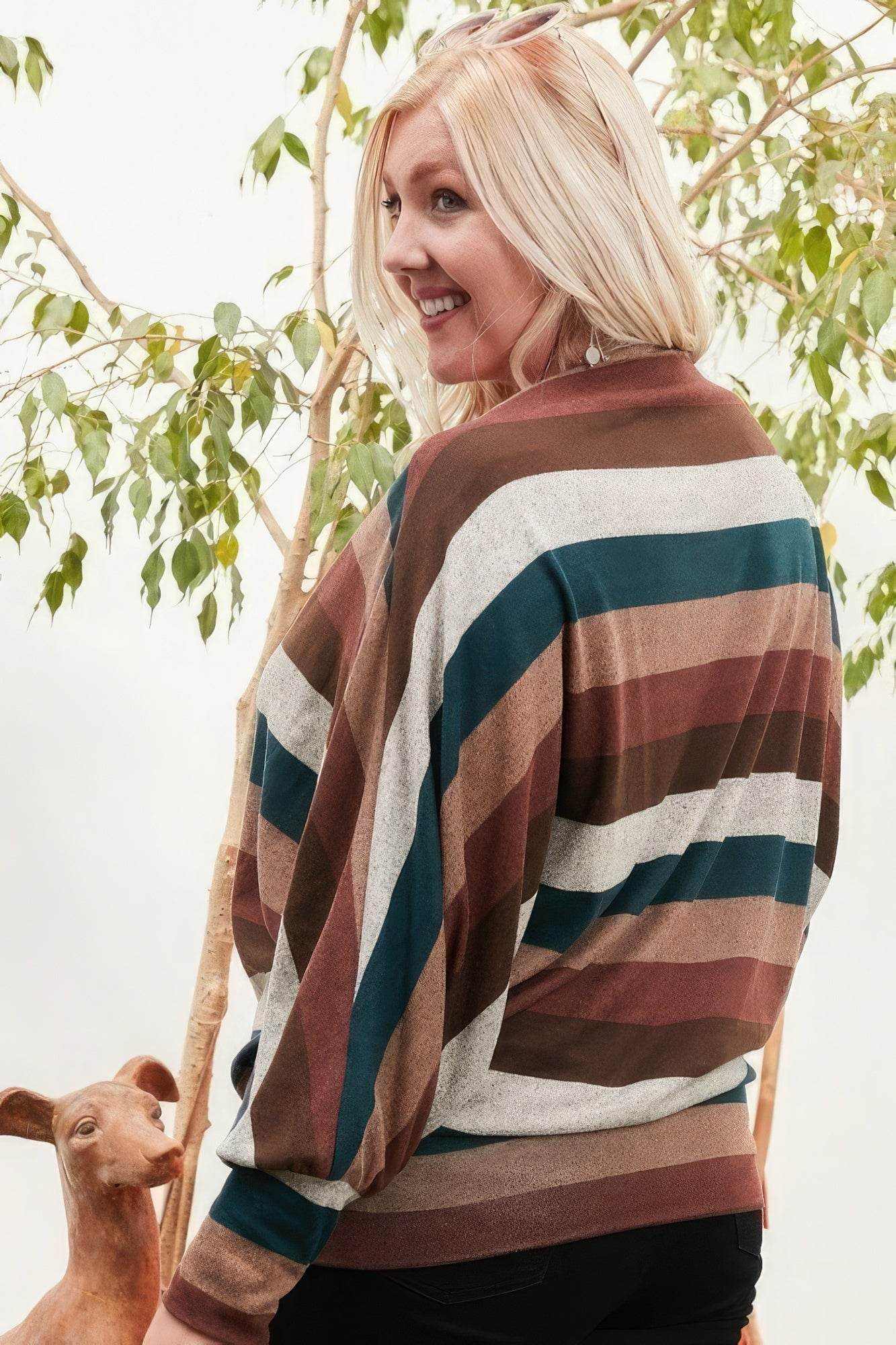 Boat Neck Long Bubble Sleeve Multi Stripe Print Knit Top - Purcell's Clothing Company