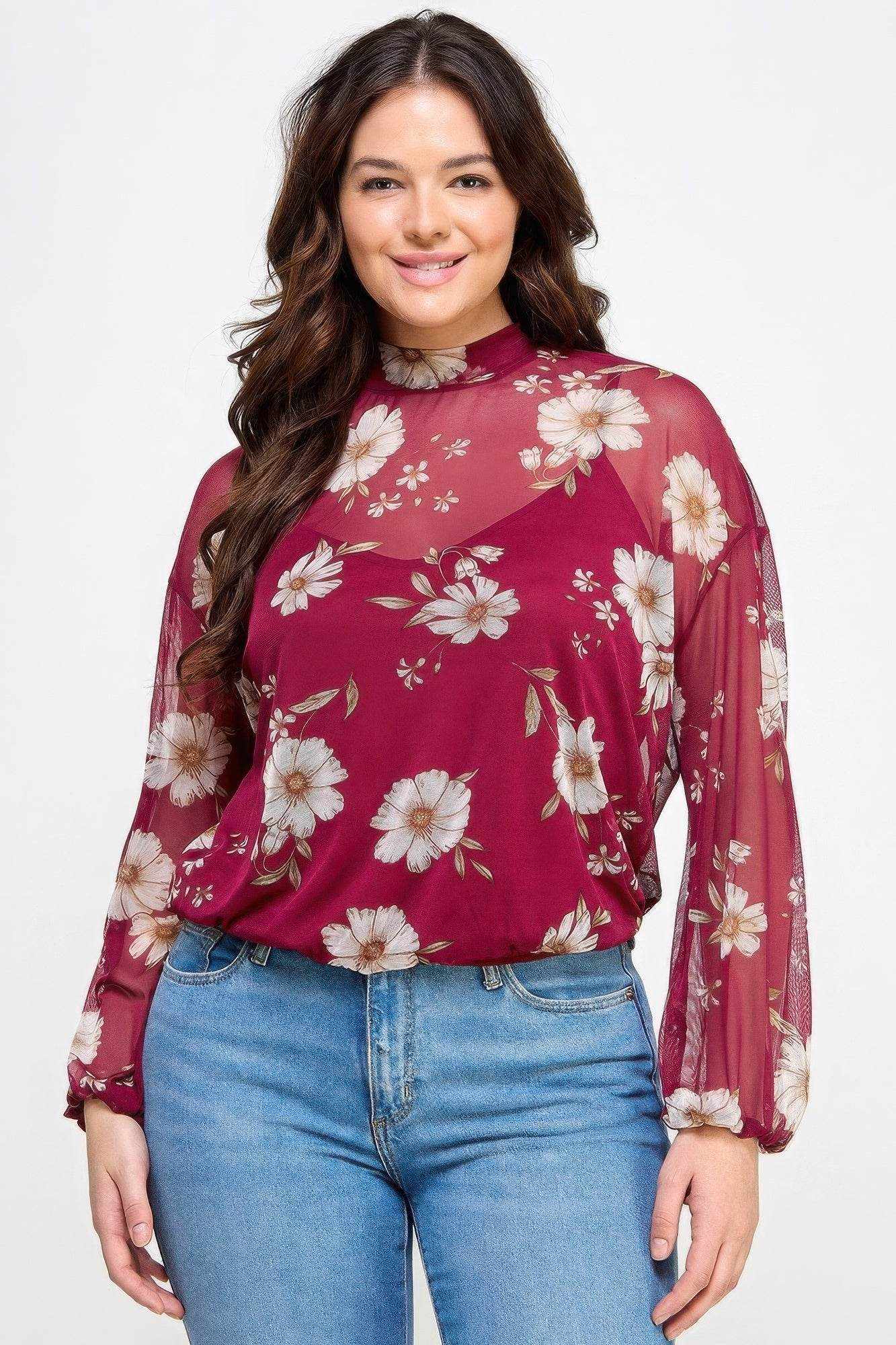 Mesh Floral Ls Top W/cami - Purcell's Clothing Company