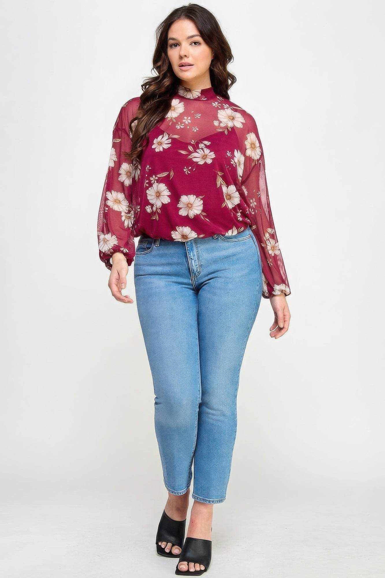 Mesh Floral Ls Top W/cami - Purcell's Clothing Company