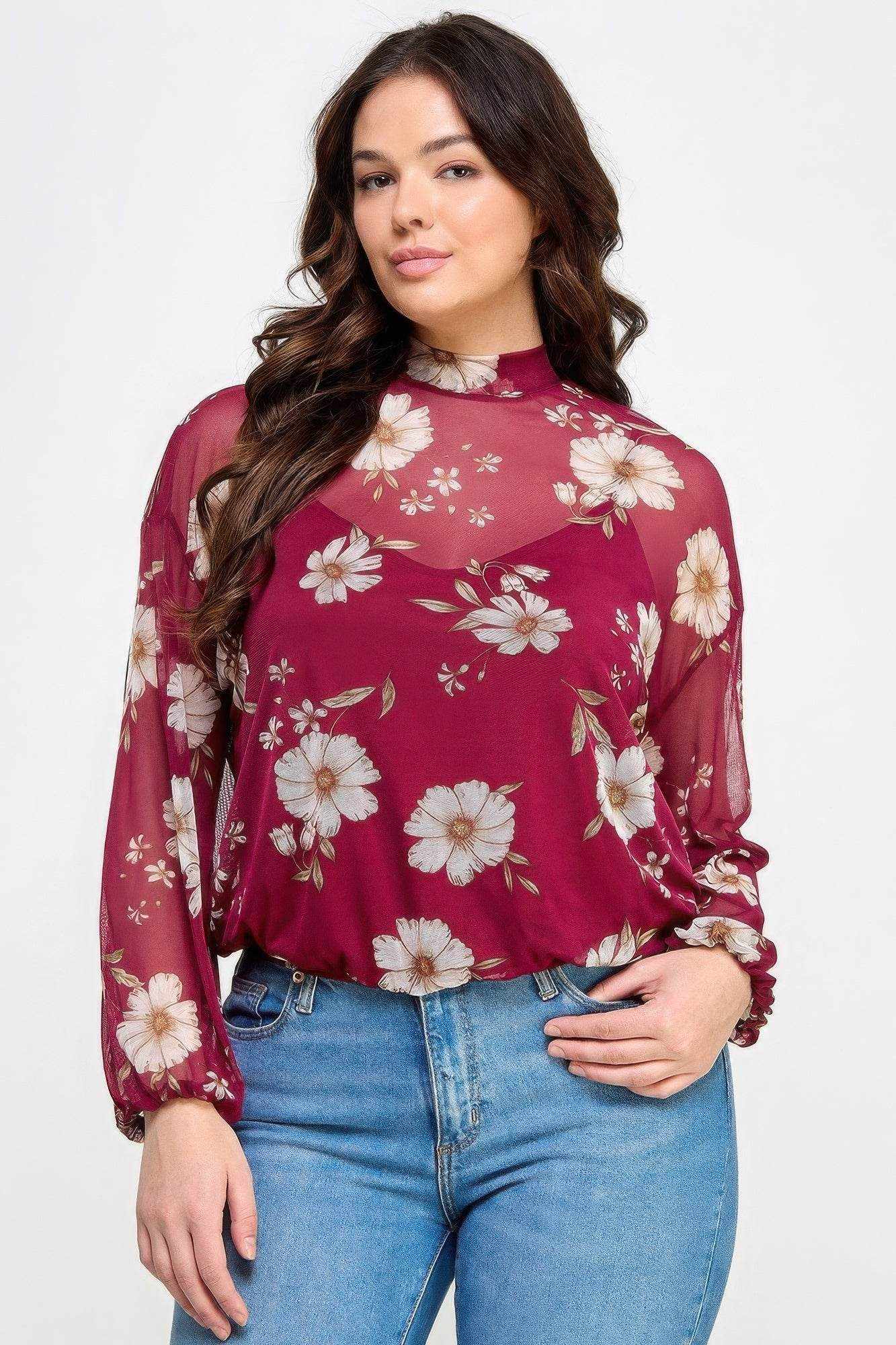 Mesh Floral Ls Top W/cami - Purcell's Clothing Company