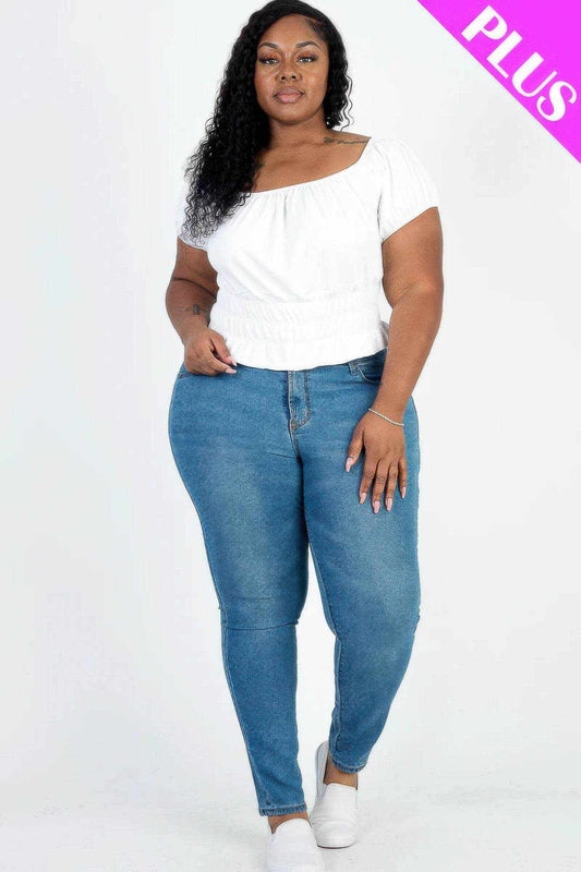 Plus size casual ruched puff sleeve ribbed knit solid top - Purcell's Clothing Company