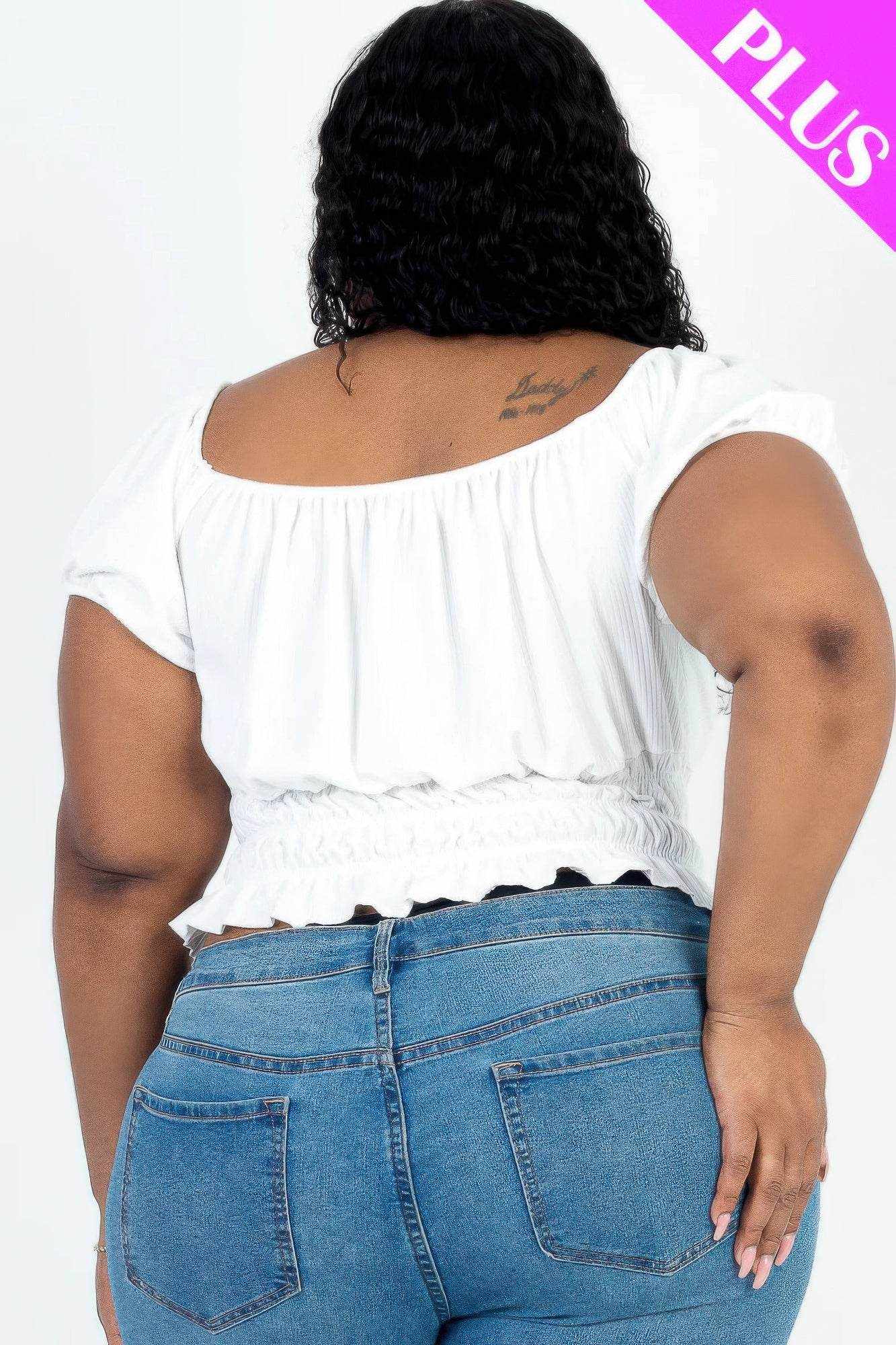 Plus size casual ruched puff sleeve ribbed knit solid top - Purcell's Clothing Company