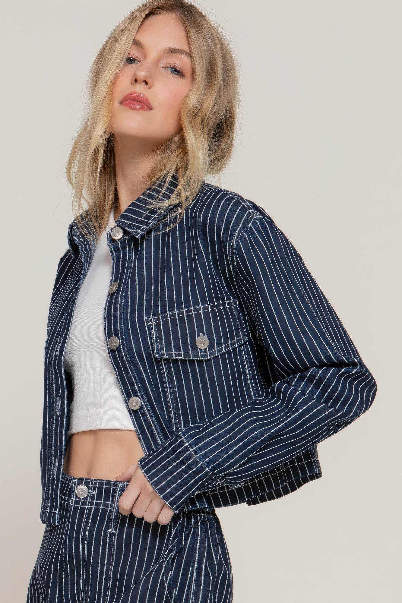 Button Down Stripe Denim Short Jacket - Purcell's Clothing Company
