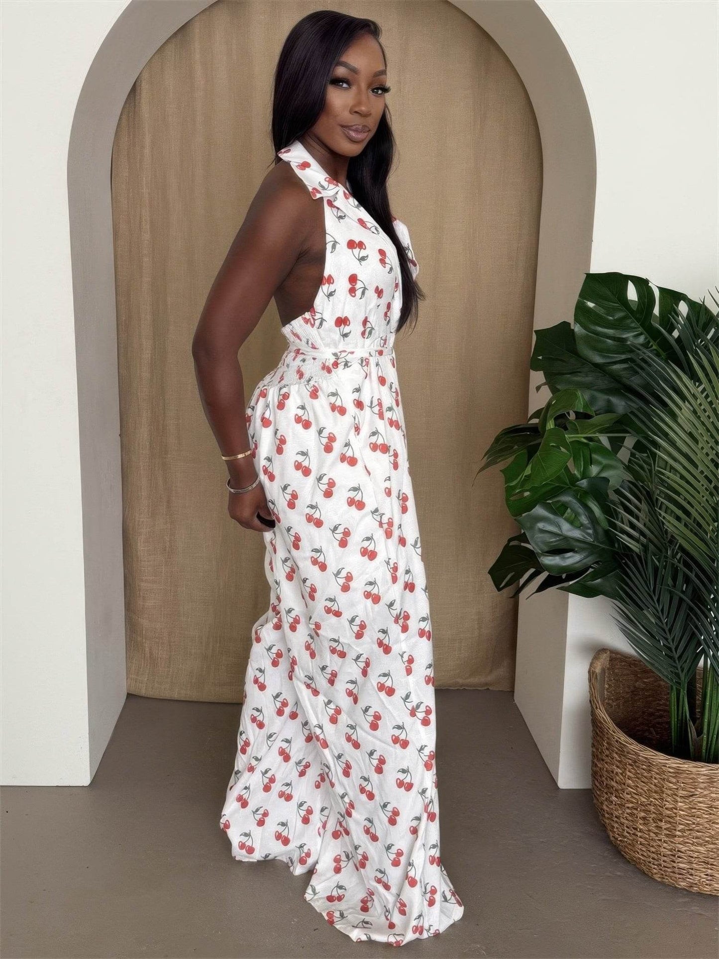 Cherry Print Halter Wide-leg Jumpsuit - Purcell's Clothing Company