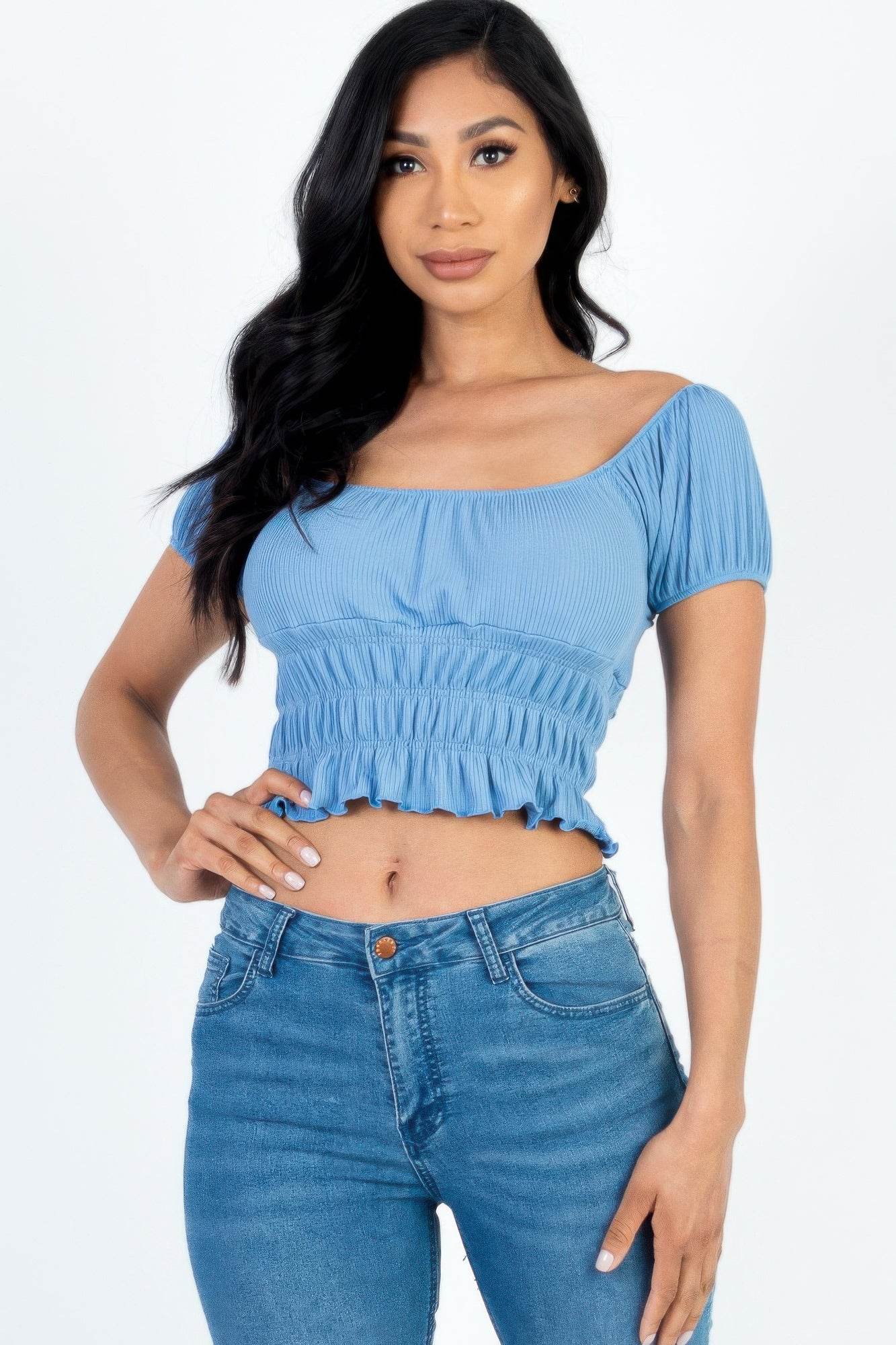 Casual Ruched Puff Sleeve Ribbed Knit Solid Top - Purcell's Clothing Company