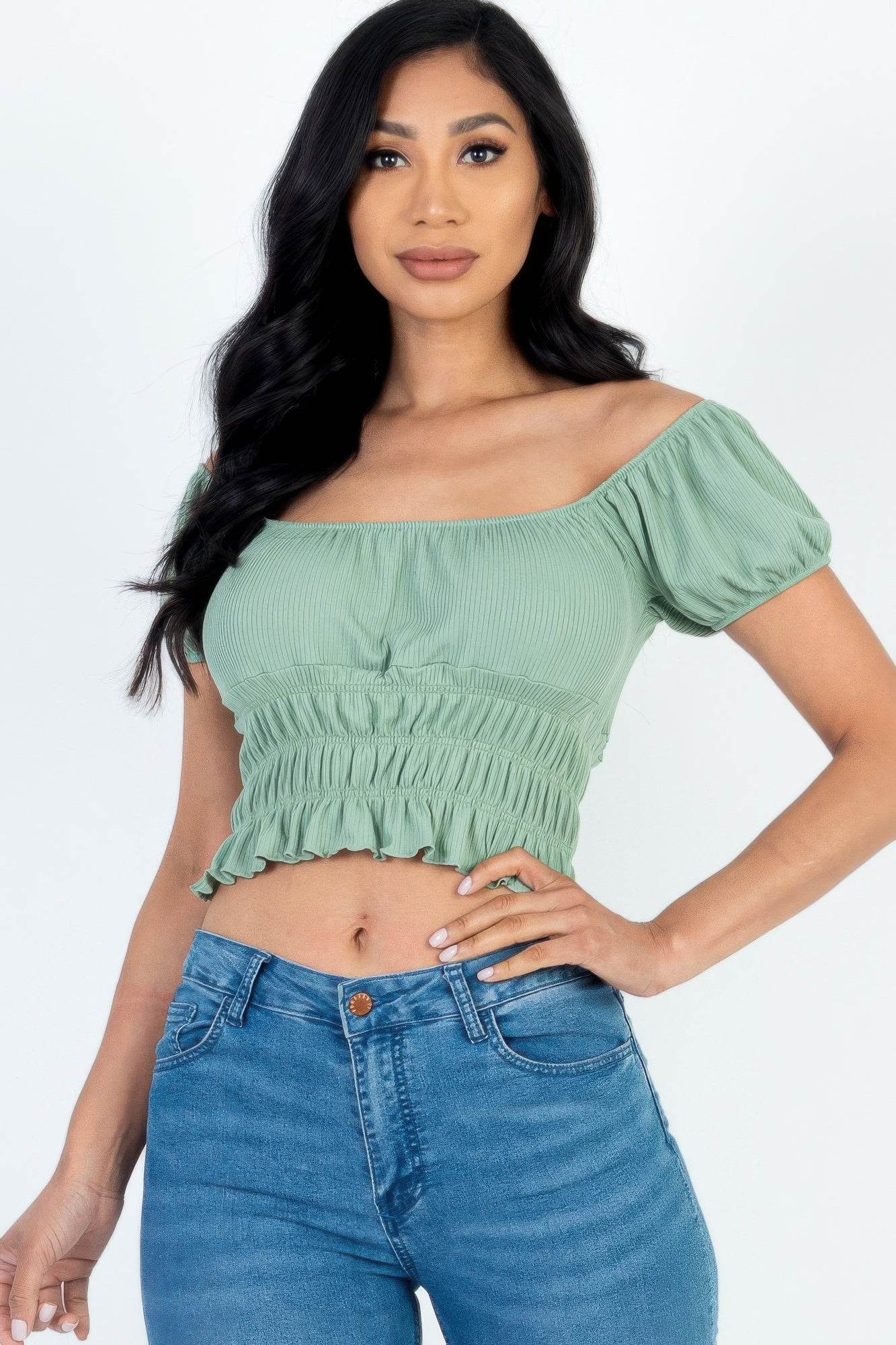 Casual Ruched Puff Sleeve Ribbed Knit Solid Top - Purcell's Clothing Company