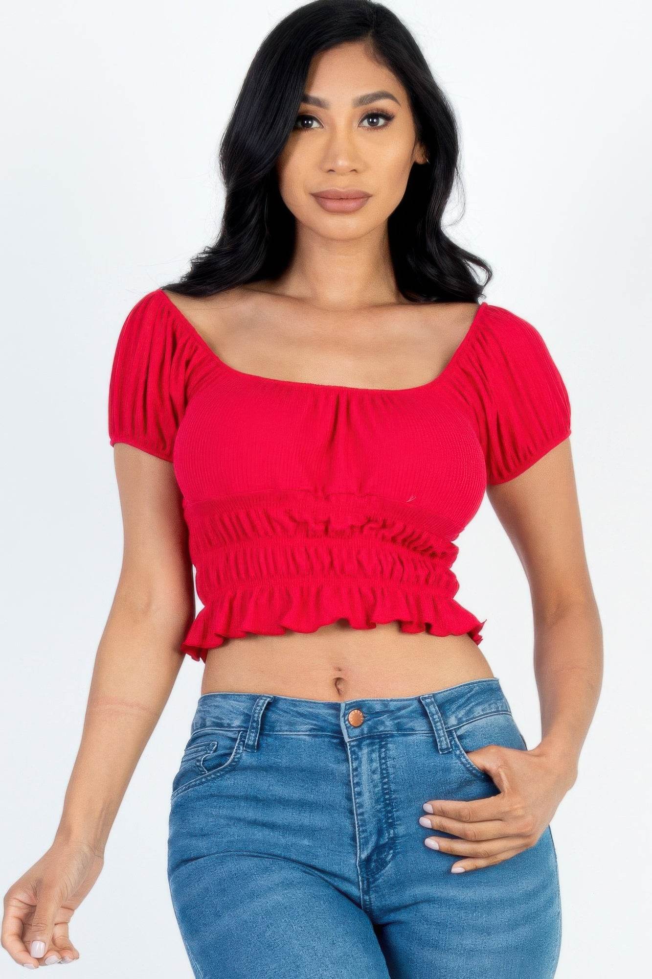 Casual Ruched Puff Sleeve Ribbed Knit Solid Top - Purcell's Clothing Company