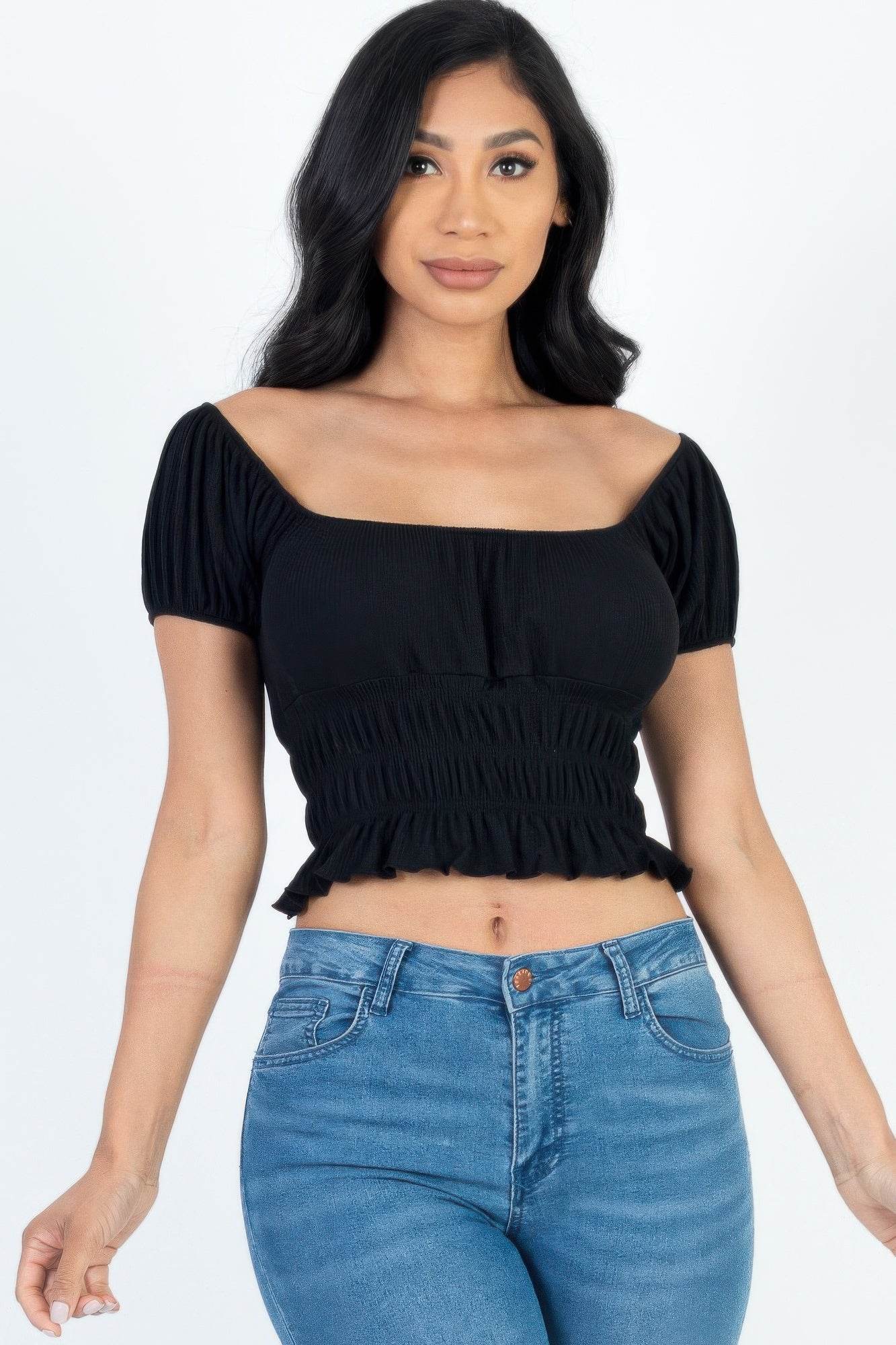 Casual Ruched Puff Sleeve Ribbed Knit Solid Top - Purcell's Clothing Company