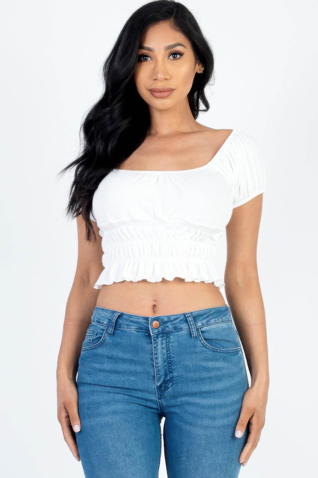 Casual Ruched Puff Sleeve Ribbed Knit Solid Top - Purcell's Clothing Company