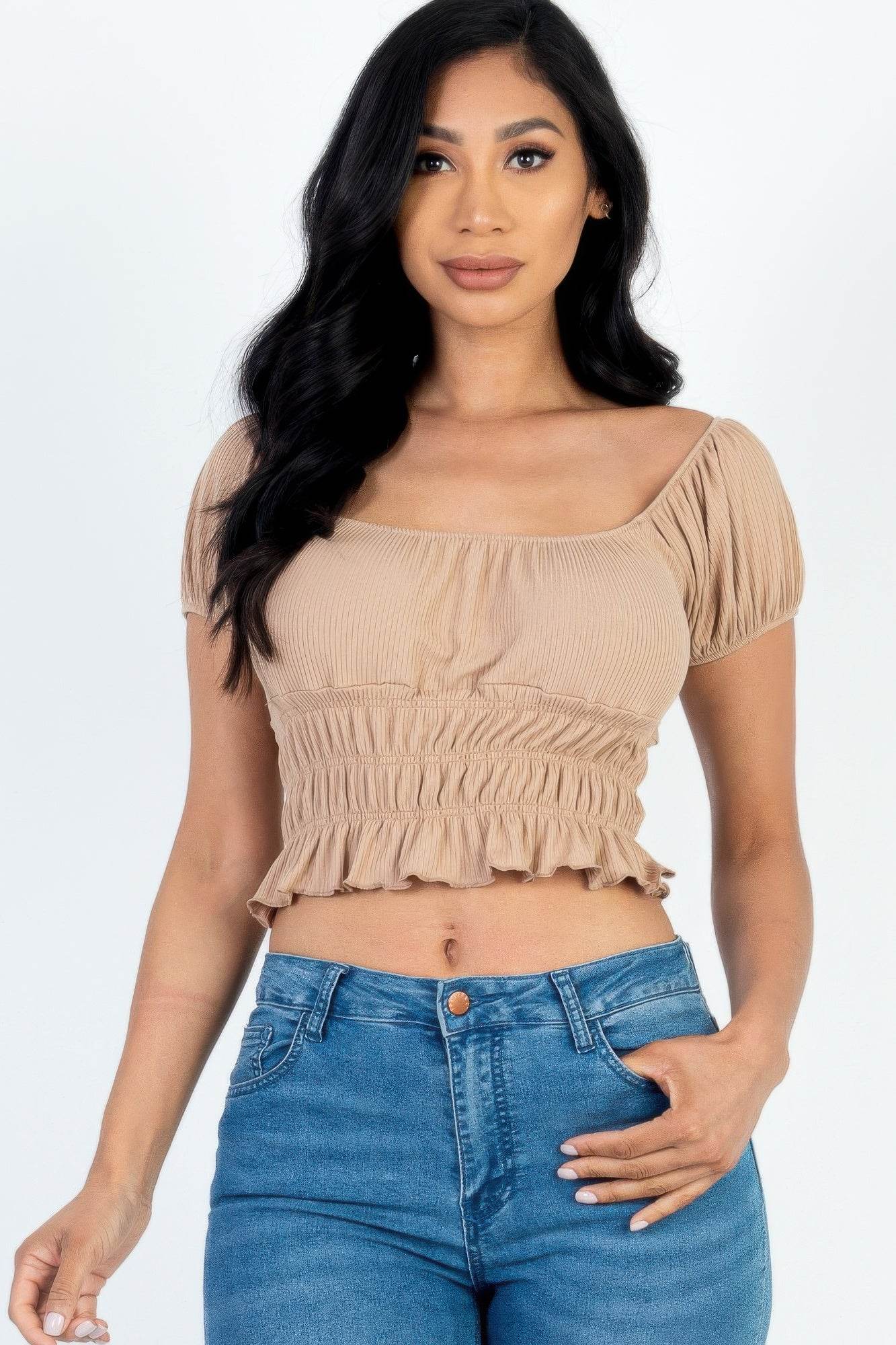 Casual Ruched Puff Sleeve Ribbed Knit Solid Top - Purcell's Clothing Company