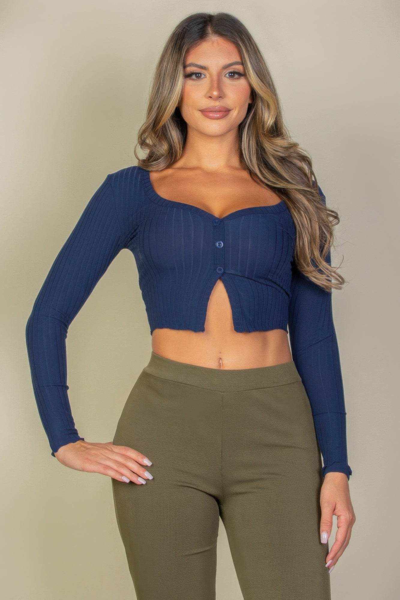 Ribbed Button Front Split Long Sleeve Top - Purcell's Clothing Company