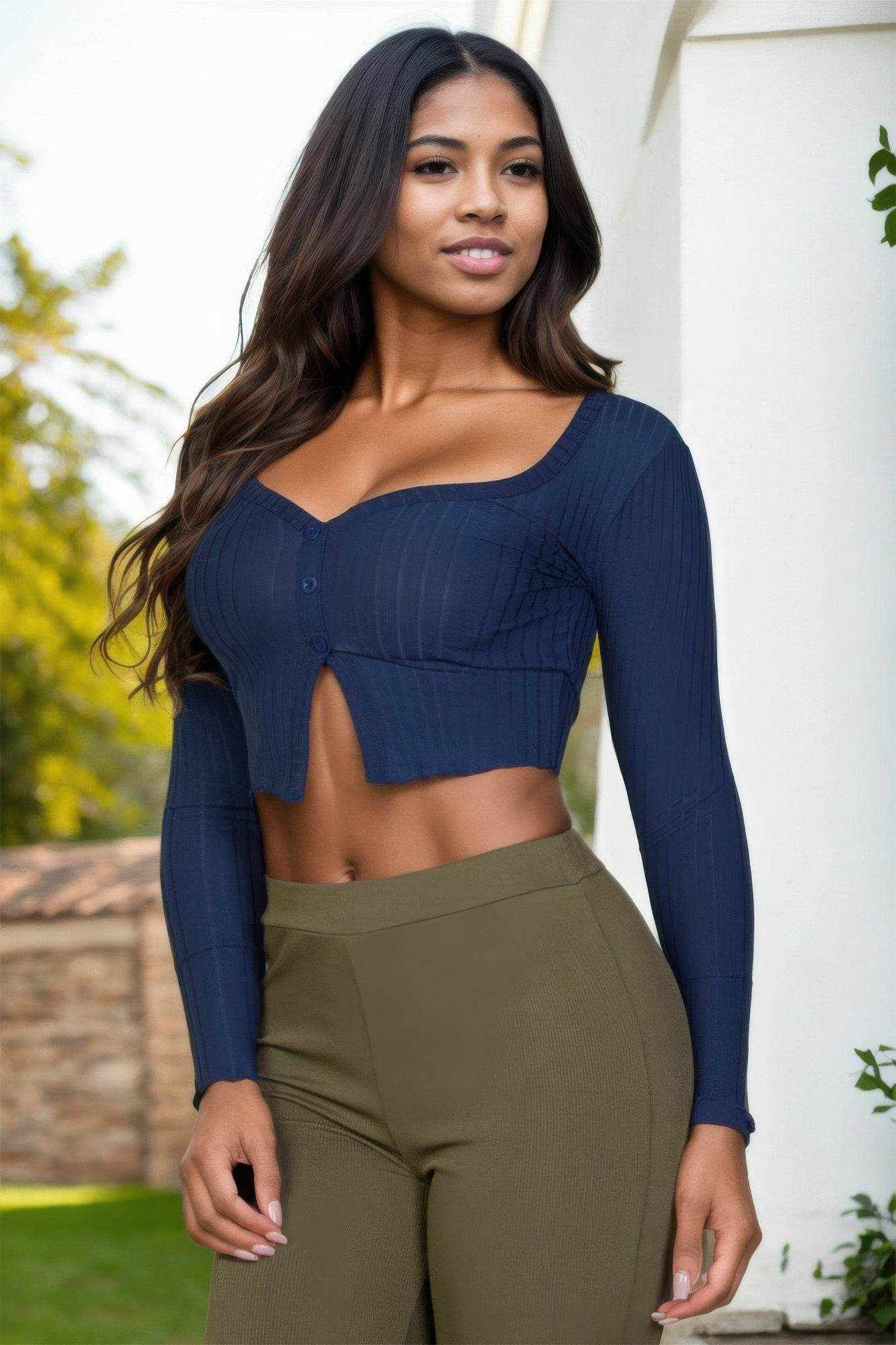 Ribbed Button Front Split Long Sleeve Top - Purcell's Clothing Company