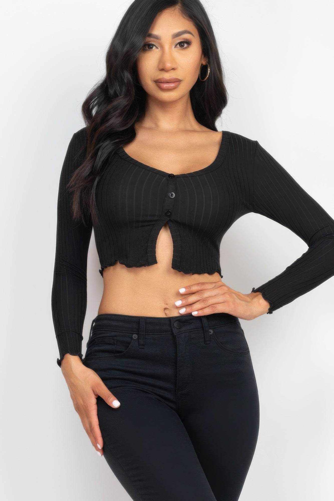 Ribbed Button Front Split Long Sleeve Top - Purcell's Clothing Company
