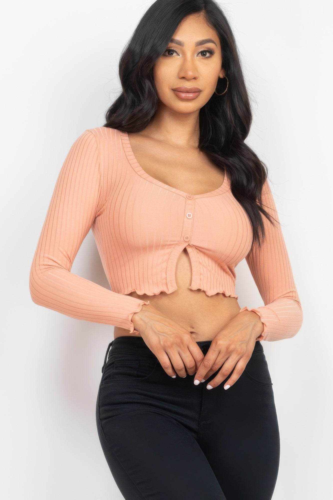 Ribbed Button Front Split Long Sleeve Top - Purcell's Clothing Company
