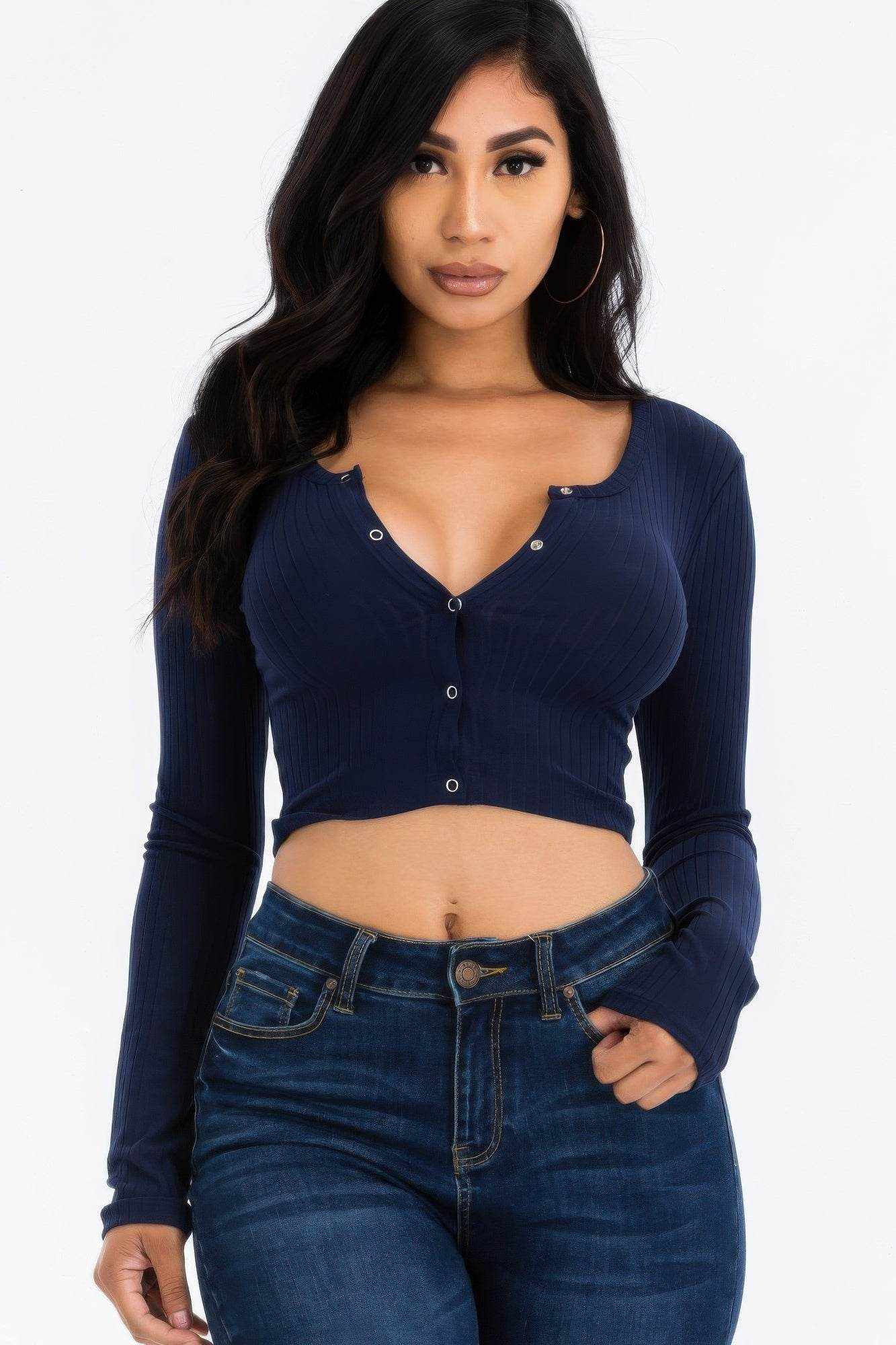 Ribbed Long Sleeve Snap Button Down Crop Top - Purcell's Clothing Company