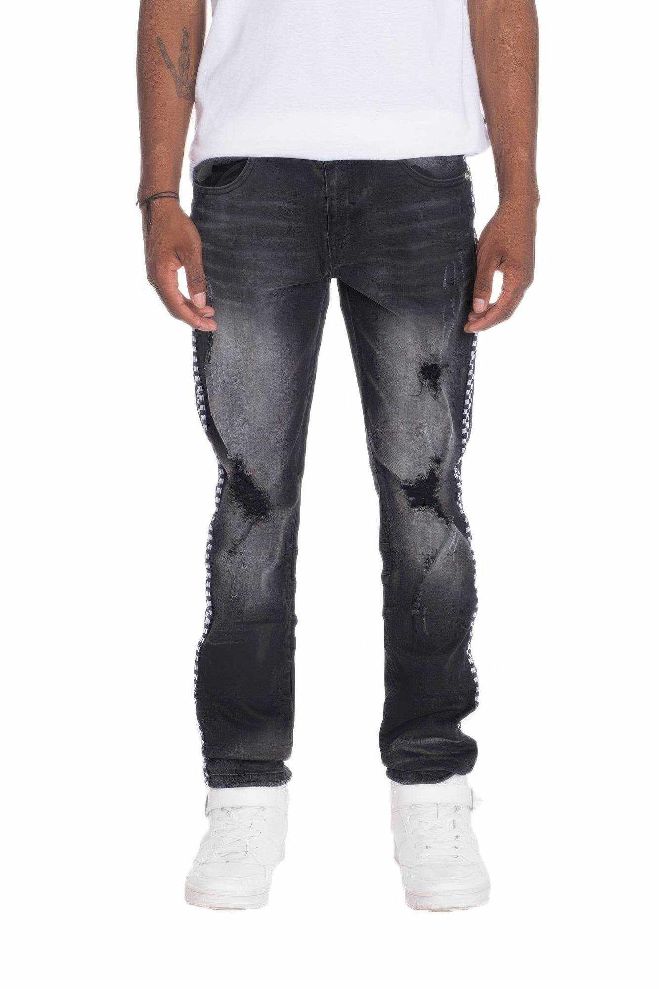 Distressed Denim Checkered Taped Jeans - Purcell's Clothing Company