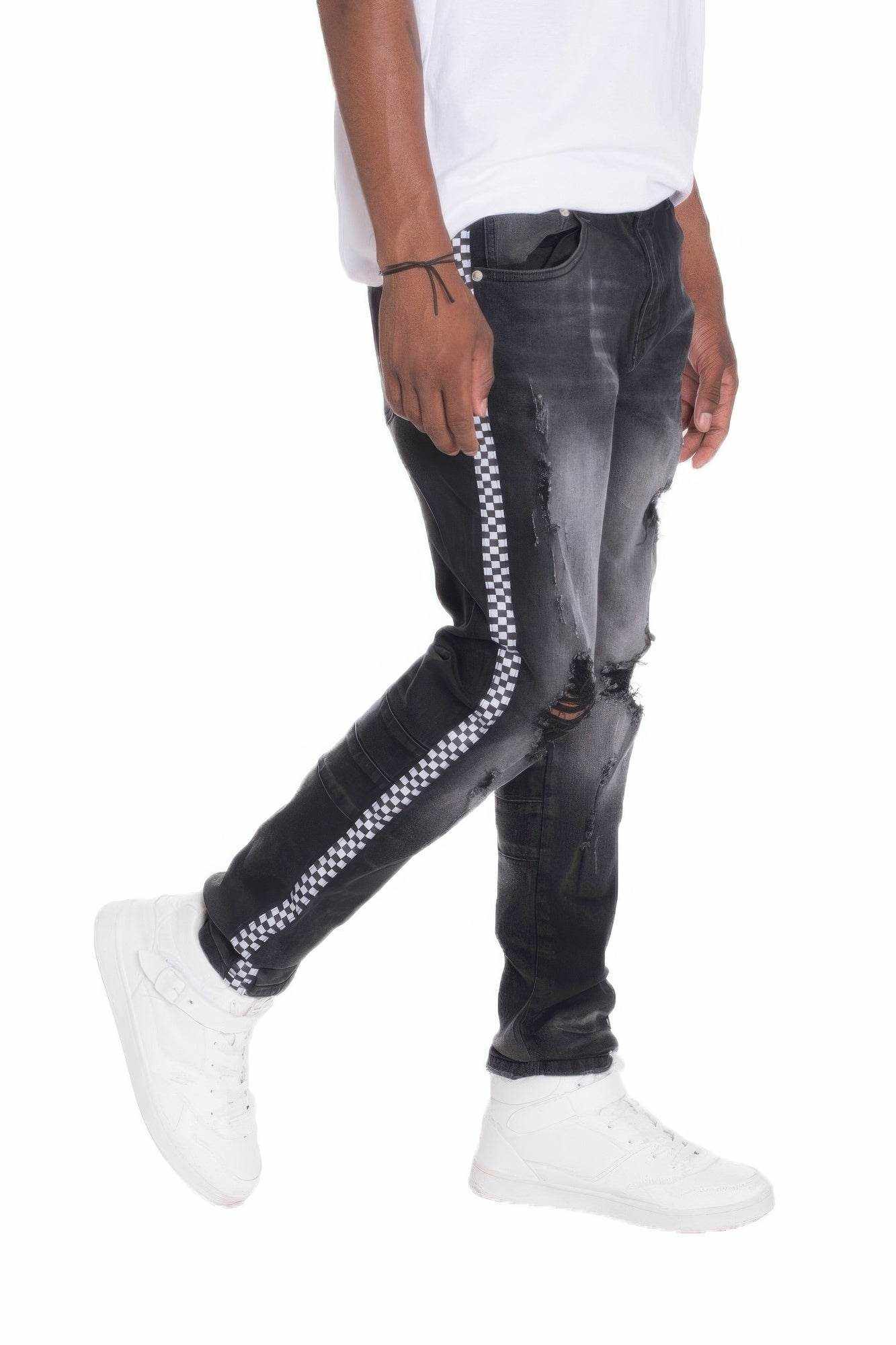 Distressed Denim Checkered Taped Jeans - Purcell's Clothing Company