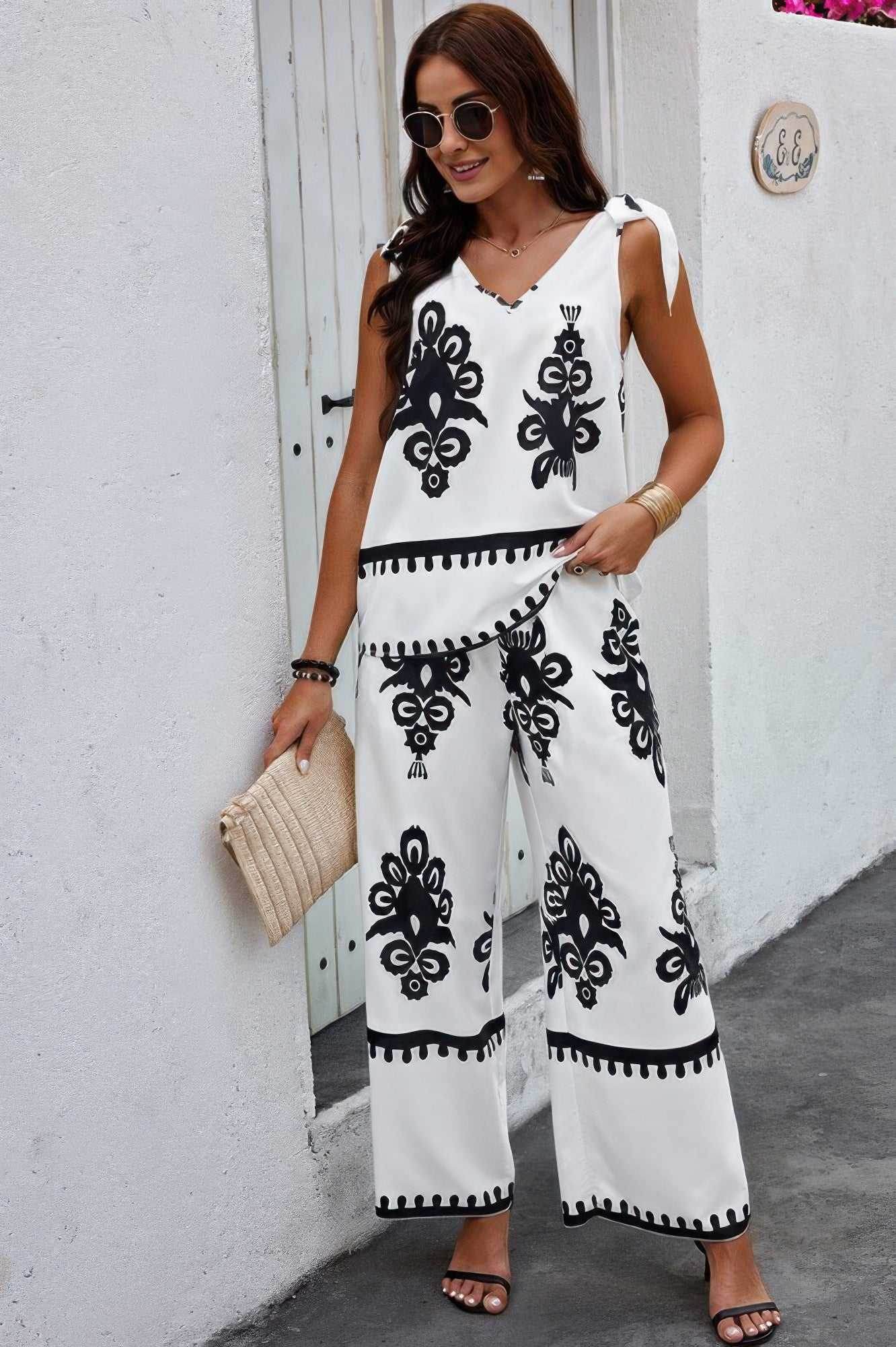 Floral Knot Shoulder Sleeveless Elastic Waist Sets - Purcell's Clothing Company