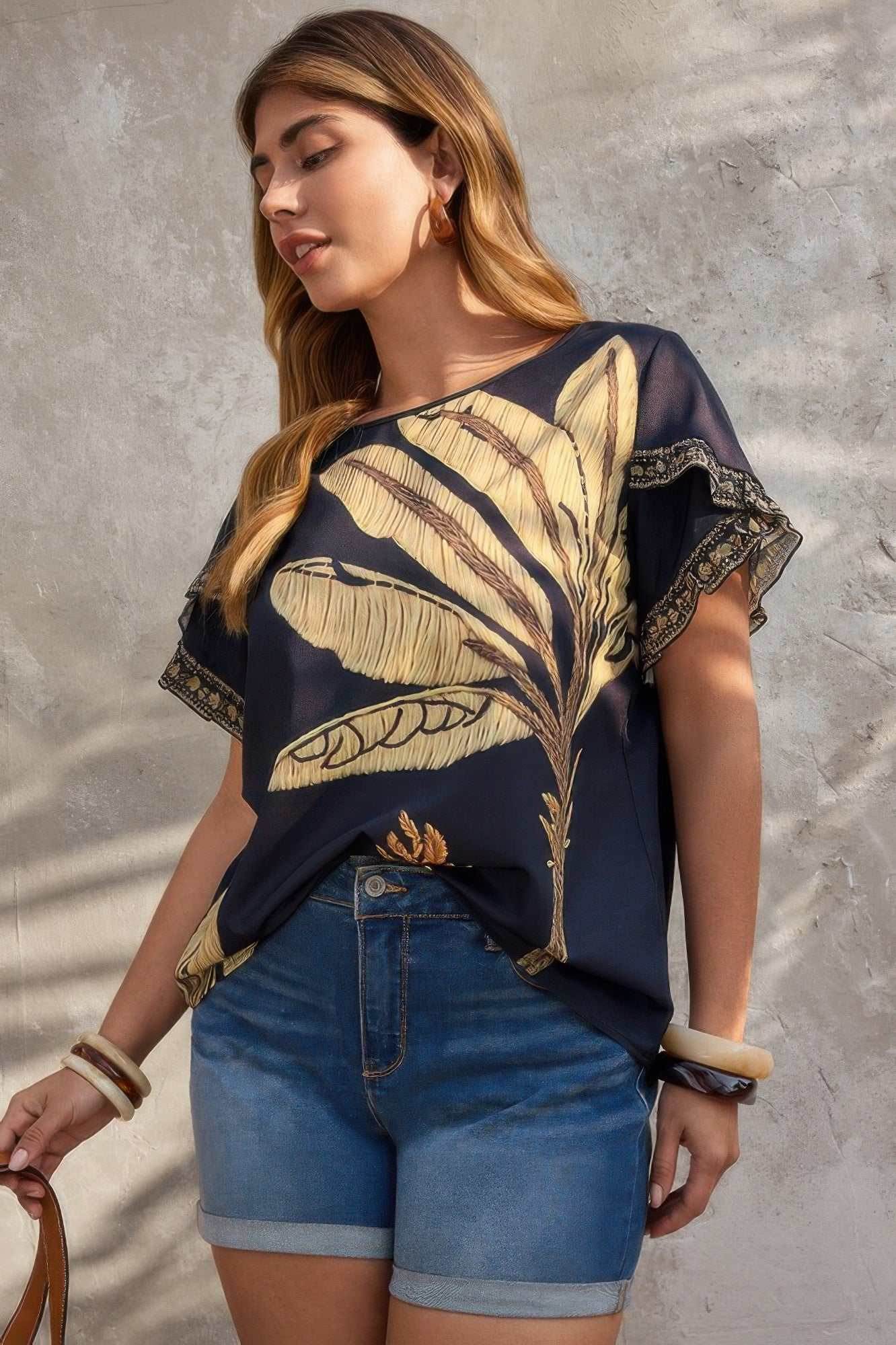 Plus Tropical Print Ruffle Hem Sleeve Blouse - Purcell's Clothing Company