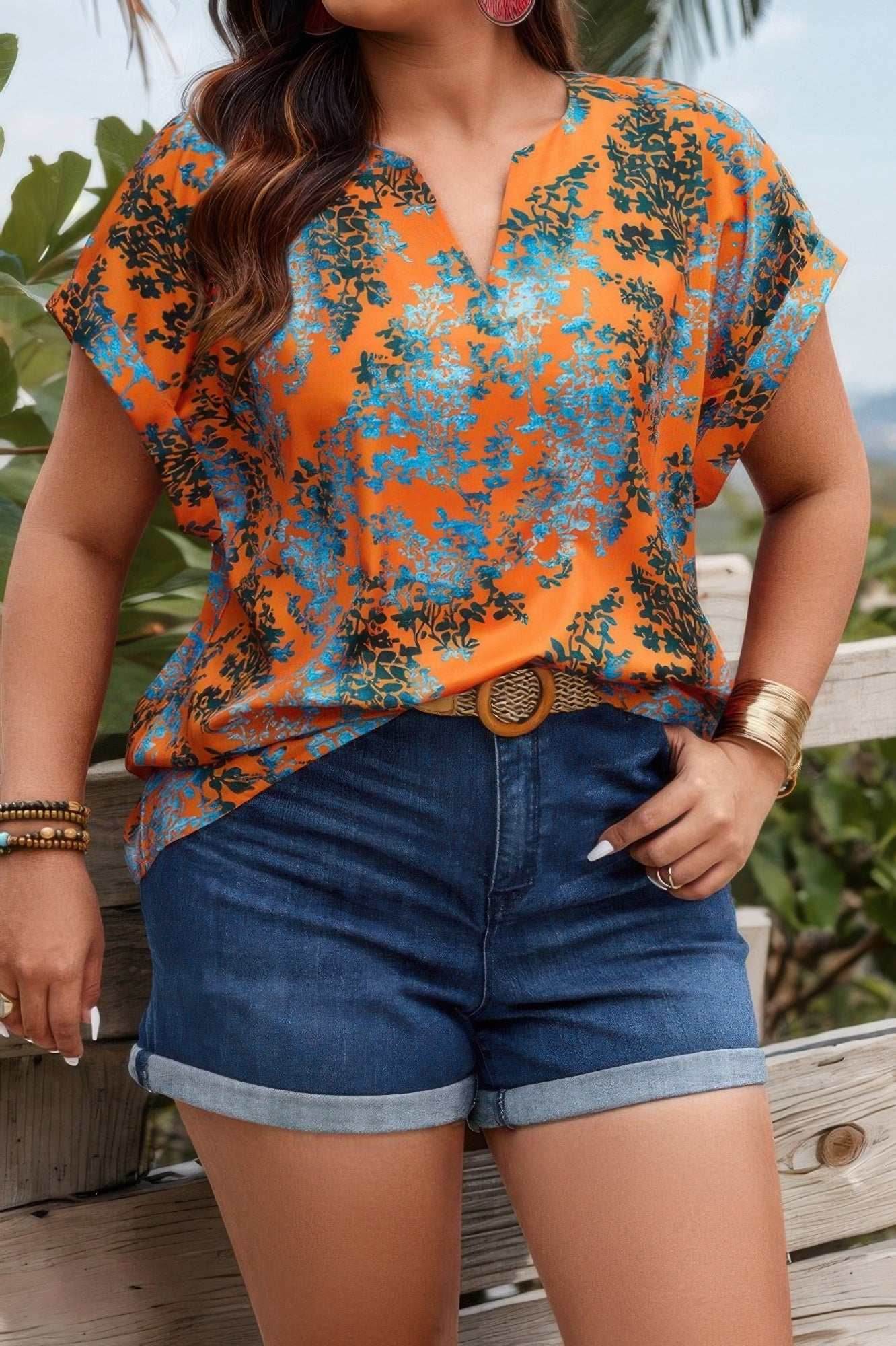 Plus Floral V Neck Batwing Sleeve Loose Shirt - Purcell's Clothing Company