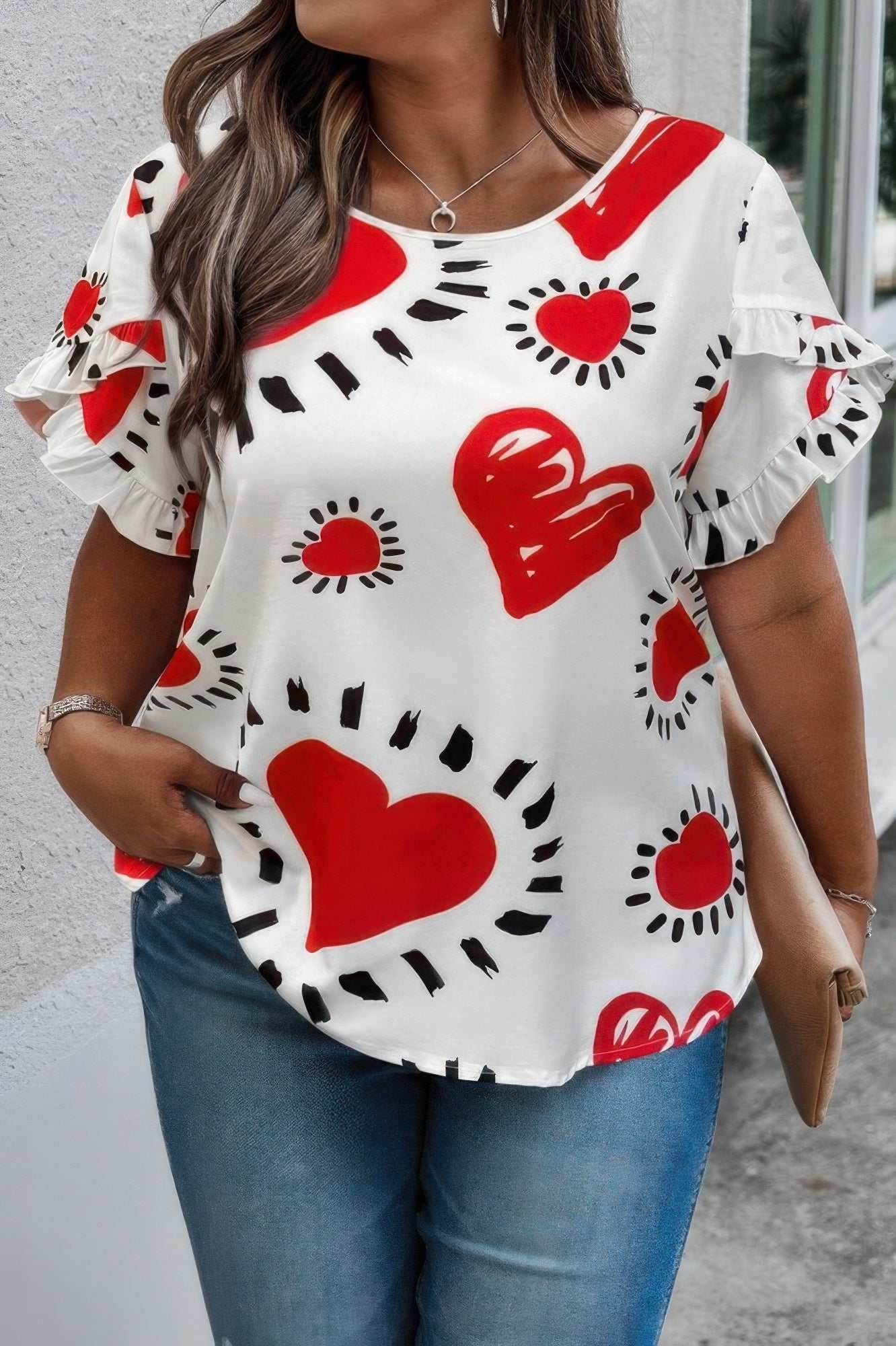 Plus Size Heart Print Ruffle Hem Sleeve Shirt - Purcell's Clothing Company