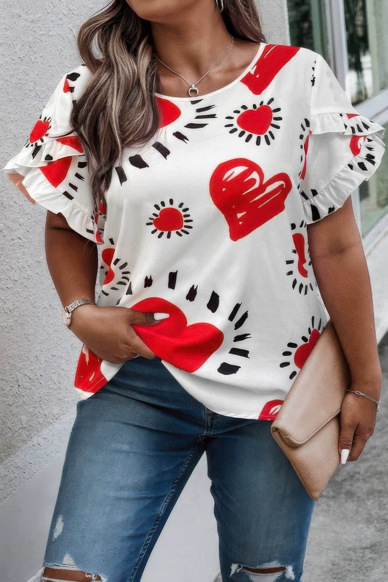 Plus Size Heart Print Ruffle Hem Sleeve Shirt - Purcell's Clothing Company