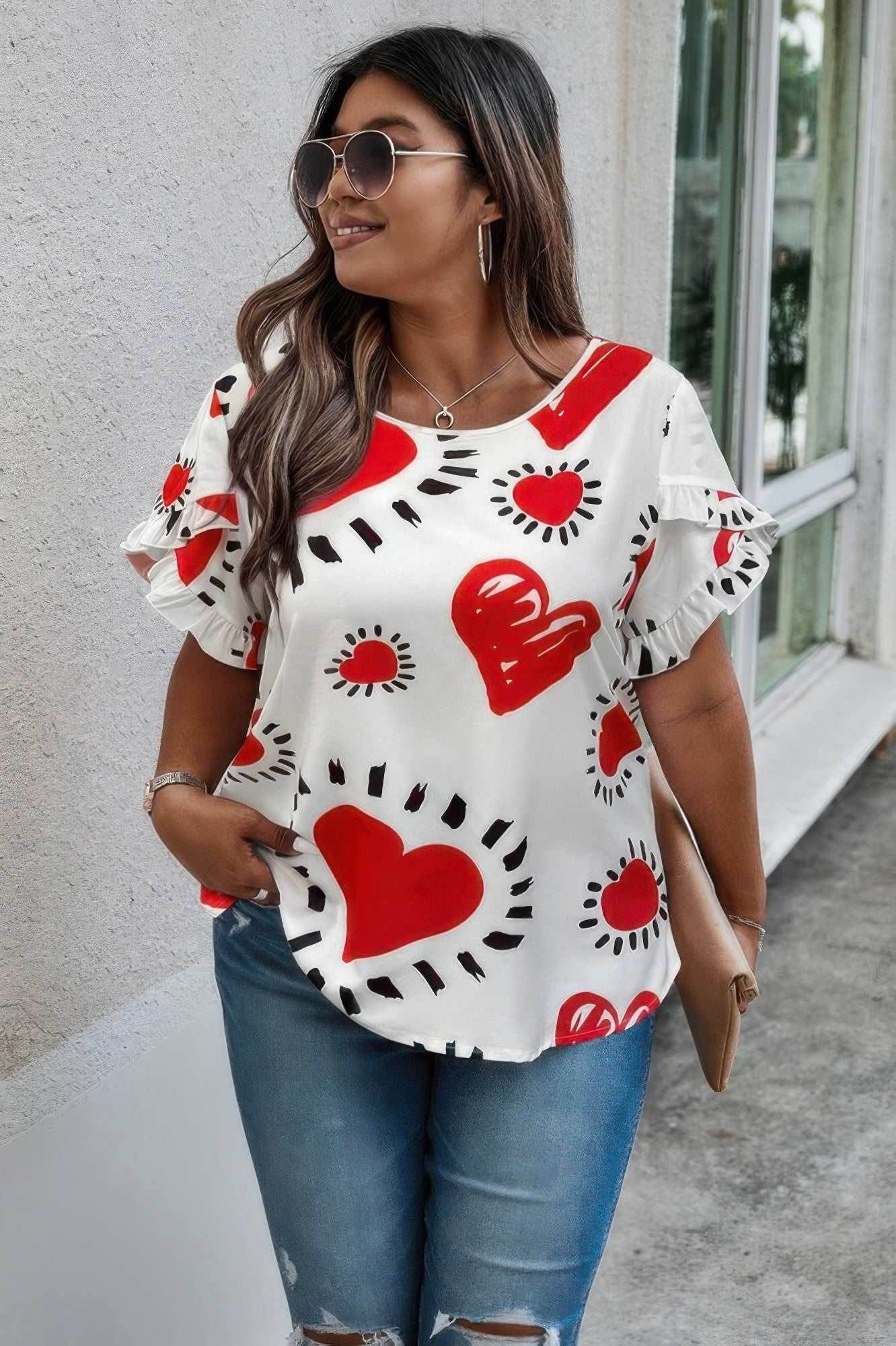 Plus Size Heart Print Ruffle Hem Sleeve Shirt - Purcell's Clothing Company