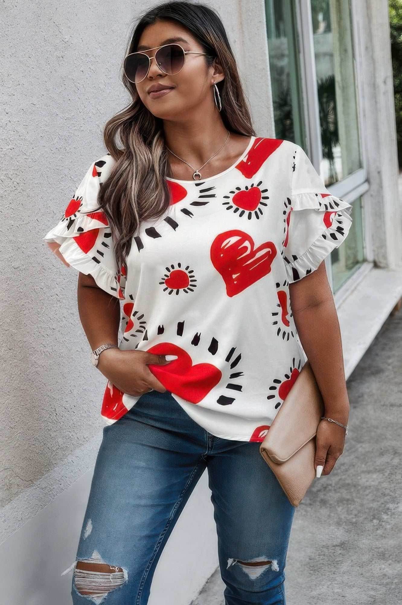 Plus Size Heart Print Ruffle Hem Sleeve Shirt - Purcell's Clothing Company