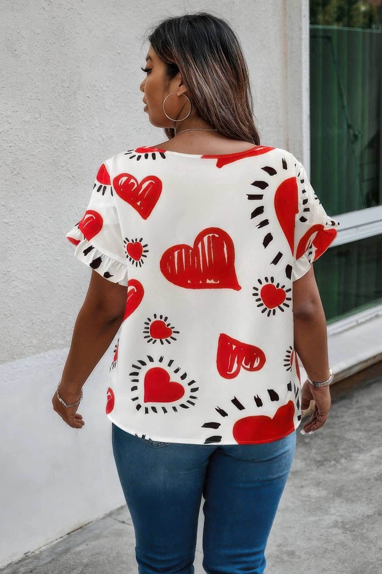 Plus Size Heart Print Ruffle Hem Sleeve Shirt - Purcell's Clothing Company