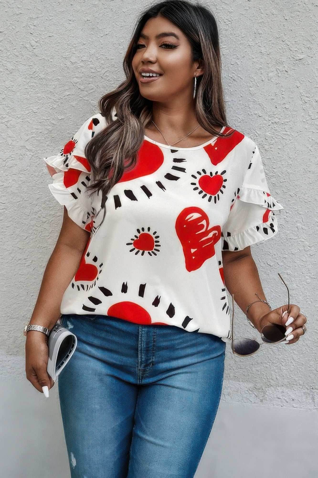 Plus Size Heart Print Ruffle Hem Sleeve Shirt - Purcell's Clothing Company