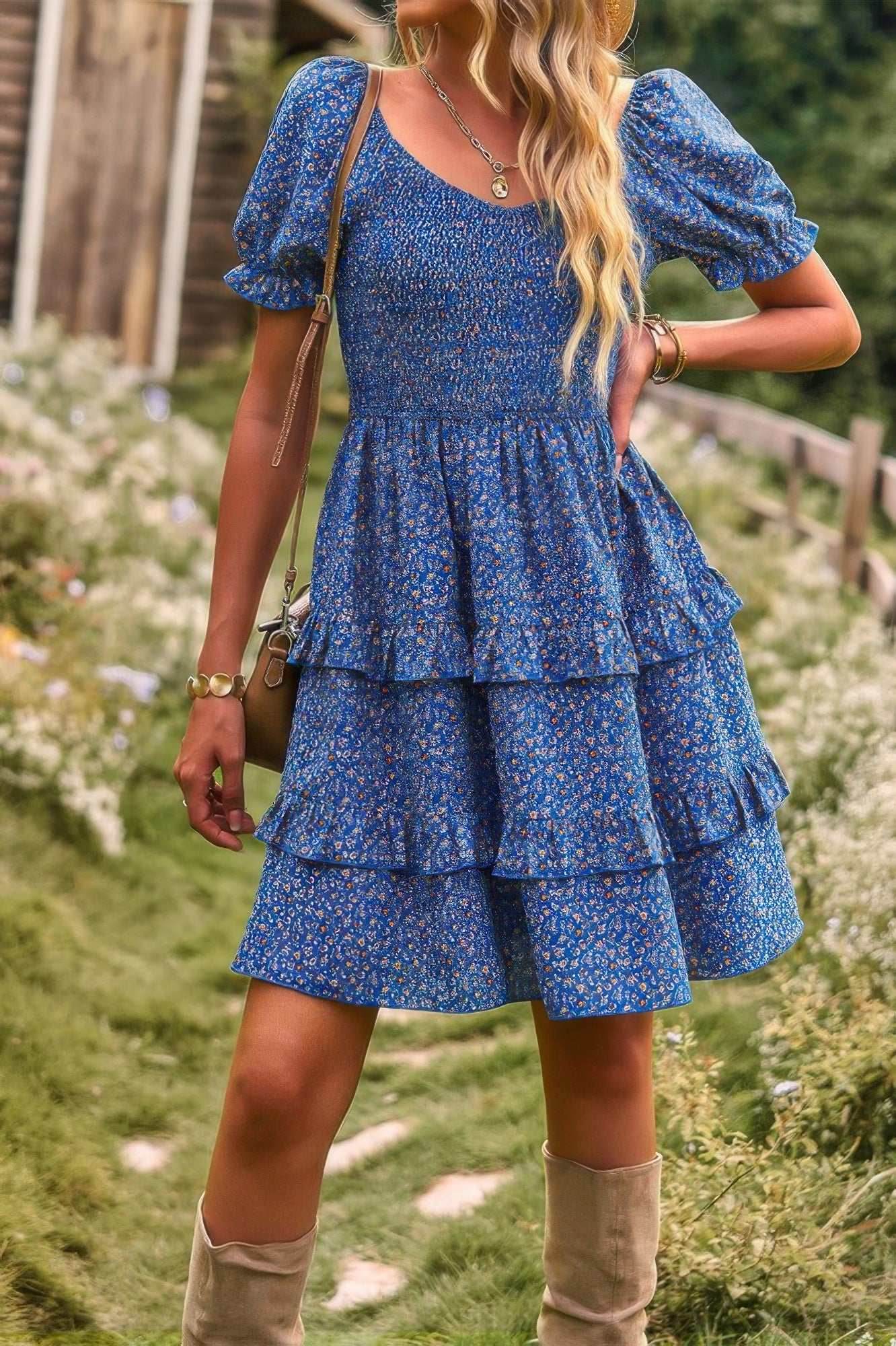 Floral Print Fit Short Sleeve A Line Dress - Purcell's Clothing Company