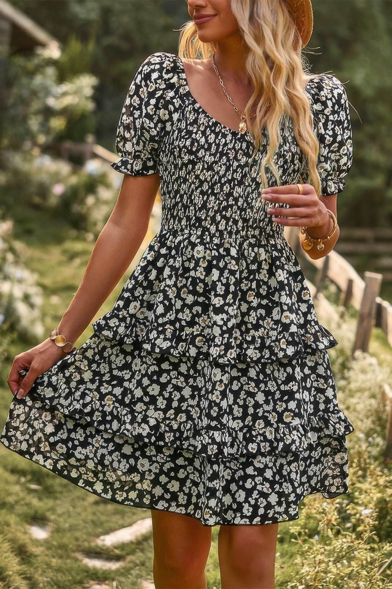 Floral Print Fit Short Sleeve A Line Dress - Purcell's Clothing Company