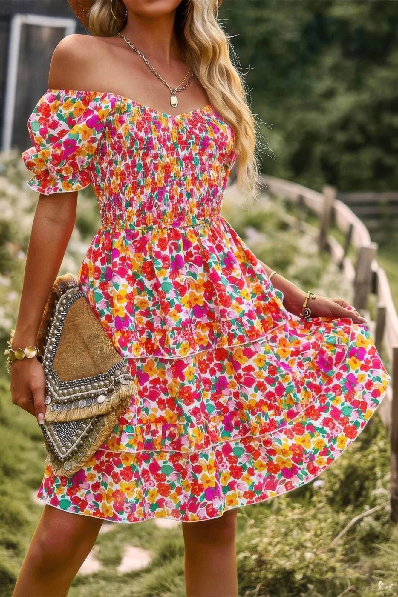 Floral Print Fit Short Sleeve A Line Dress - Purcell's Clothing Company