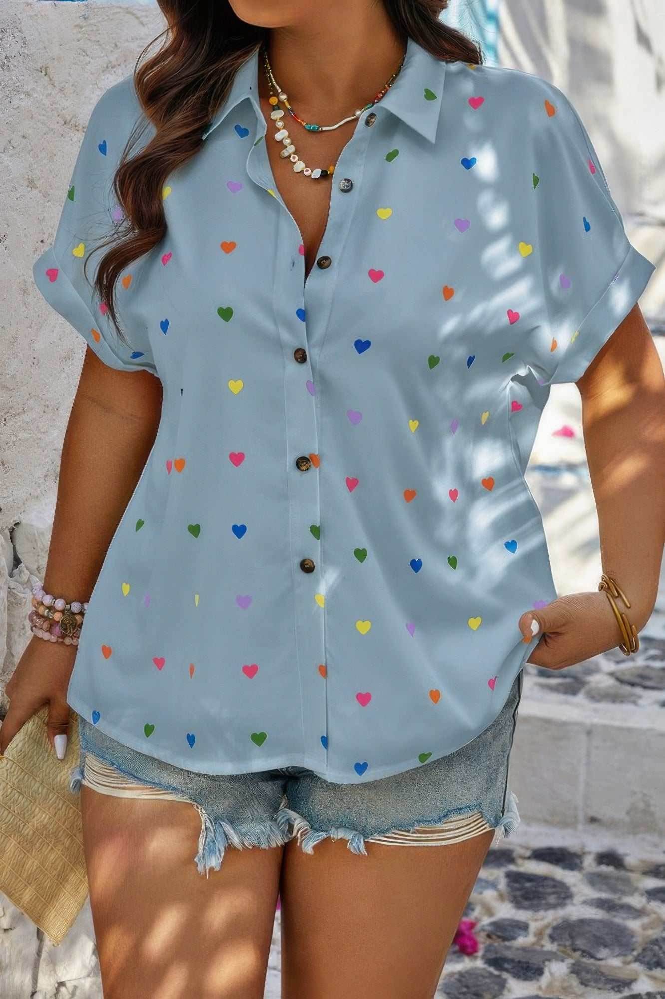 Plus Size Hearts Print Button Down Loose Blouse - Purcell's Clothing Company
