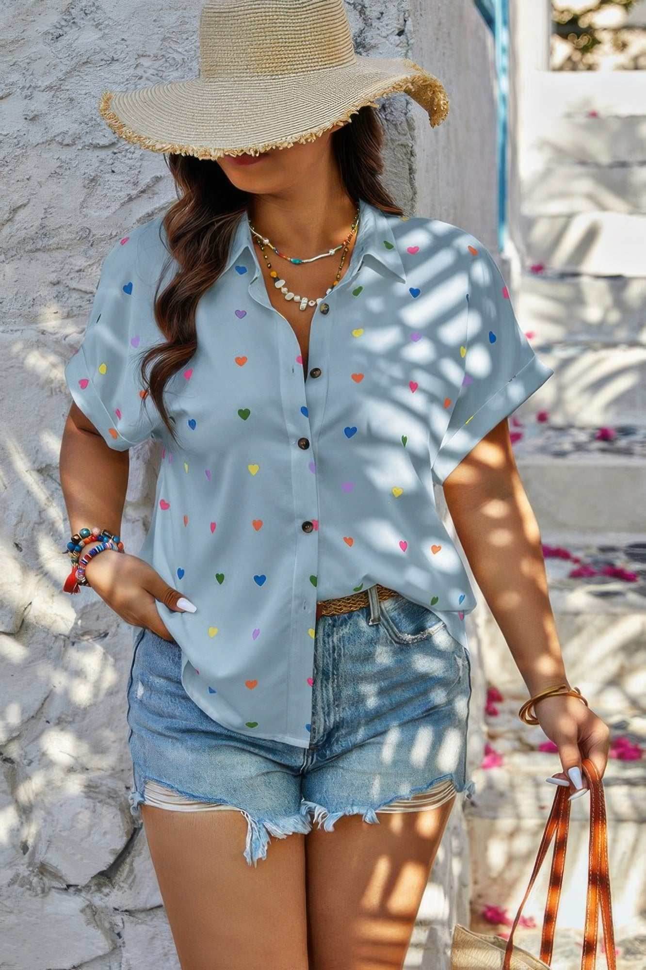 Plus Size Hearts Print Button Down Loose Blouse - Purcell's Clothing Company