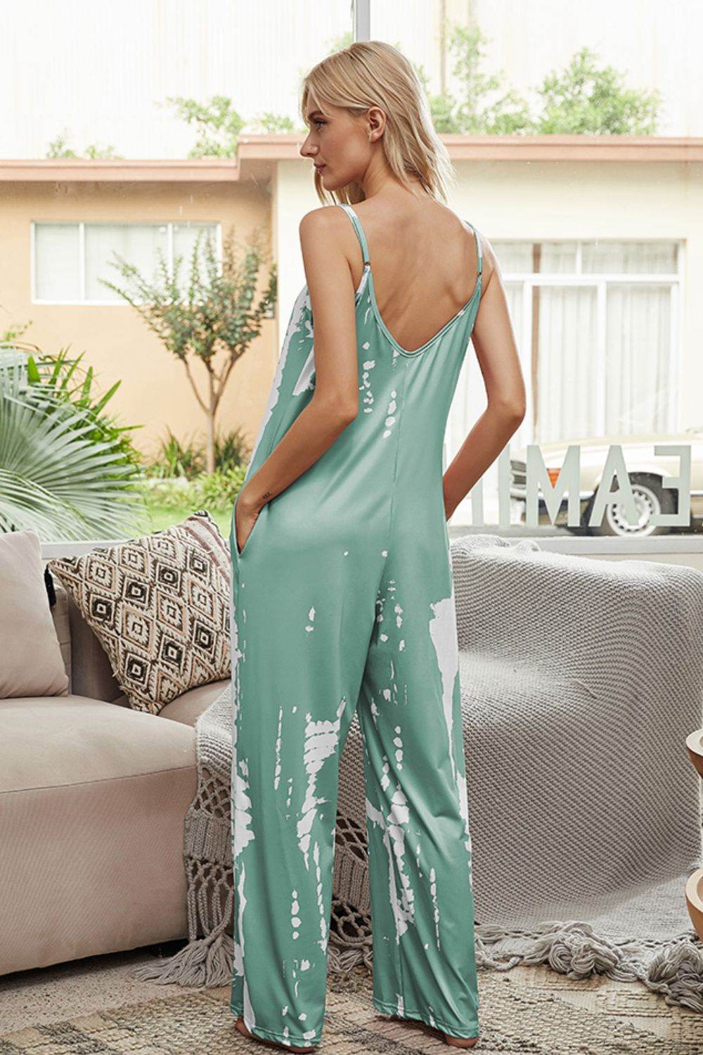Shiny Tie-Dye Spaghetti Strap Jumpsuit with Pockets - Purcell's Clothing Company