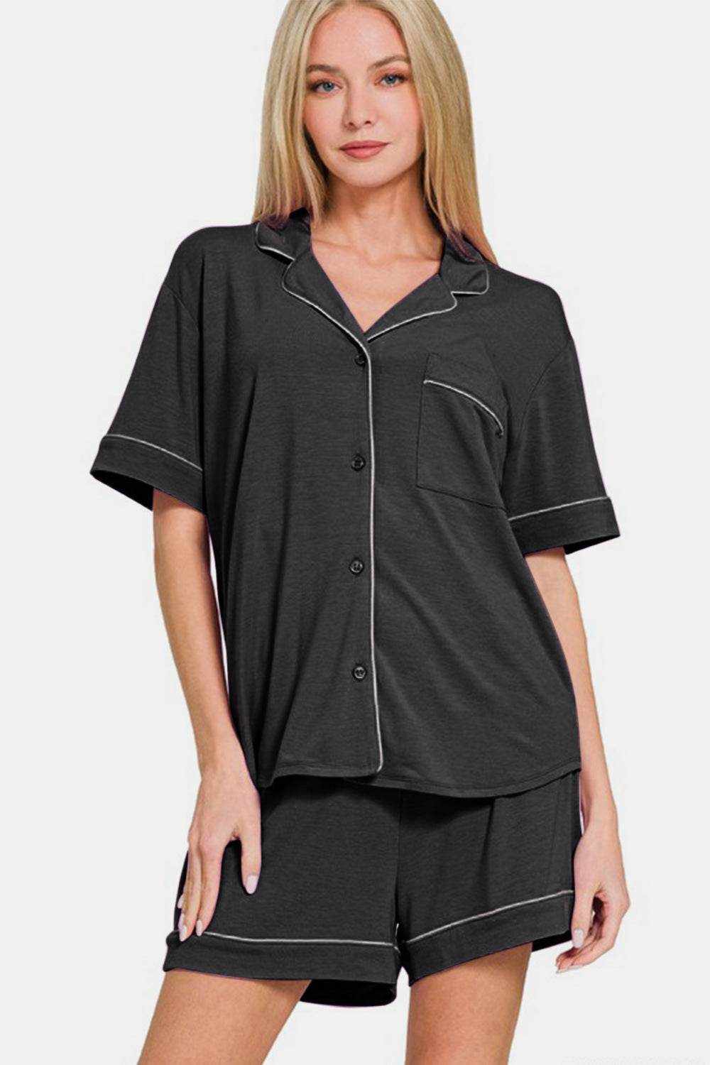 Zenana Button Down Short Sleeve Top and Shorts Lounge Set - Purcell's Clothing Company