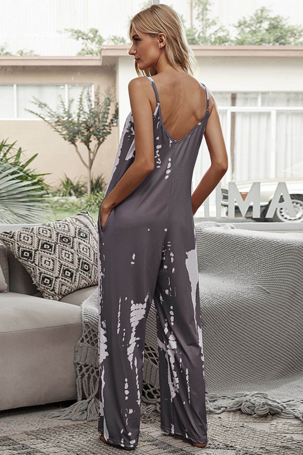 Shiny Tie-Dye Spaghetti Strap Jumpsuit with Pockets - Purcell's Clothing Company