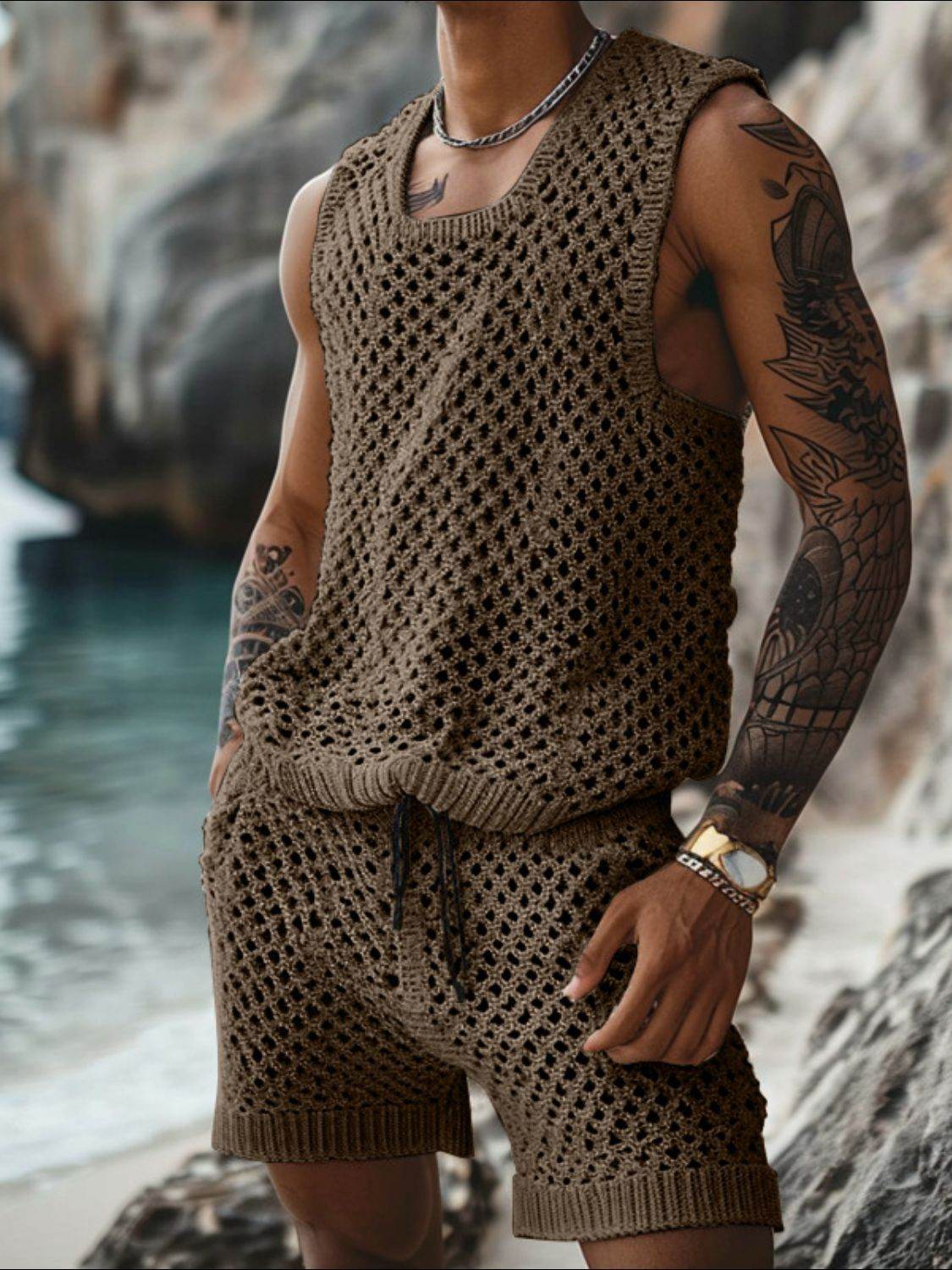 Hollow Out Round Neck Tank and Shorts Set - Purcell's Clothing Company