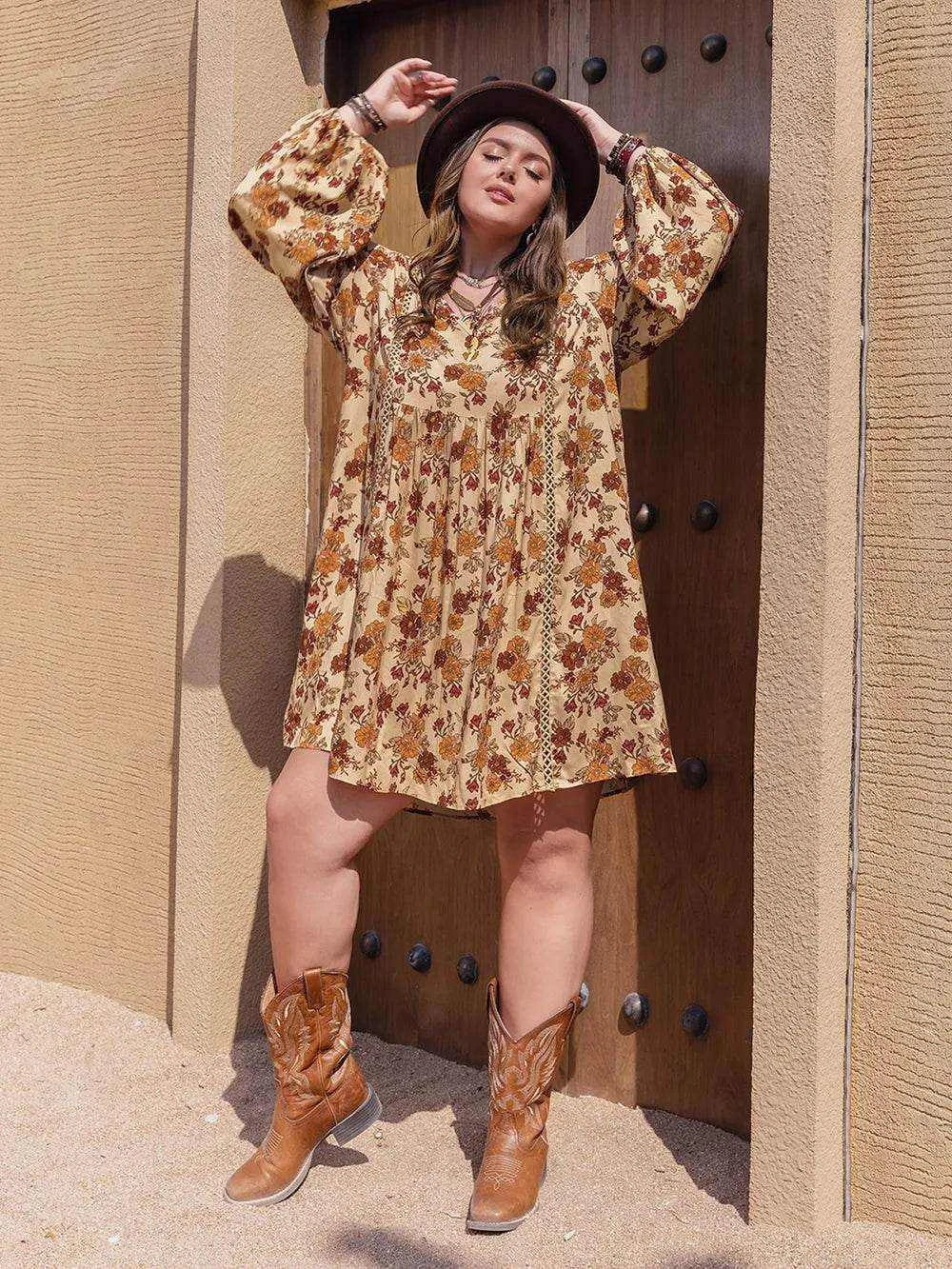 Plus Size Printed V-Neck Balloon Sleeve Mini Dress - Purcell's Clothing Company