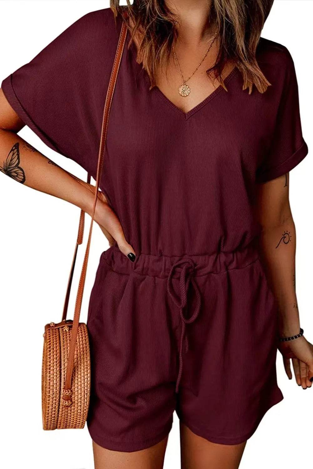 Full Size Drawstring V-Neck Short Sleeve Romper - Purcell's Clothing Company