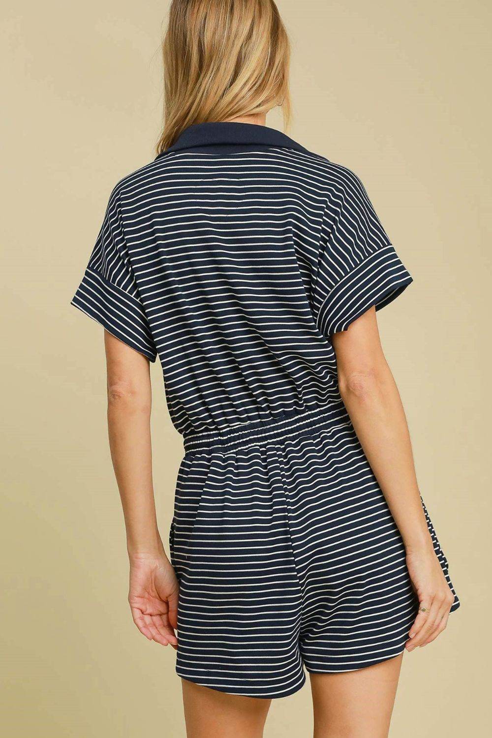 Umgee Full Size Half Zip Striped Romper Plus Size - Purcell's Clothing Company