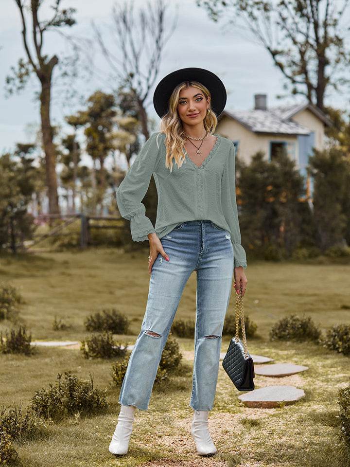V-Neck Flounce Sleeve Blouse - Purcell's Clothing Company