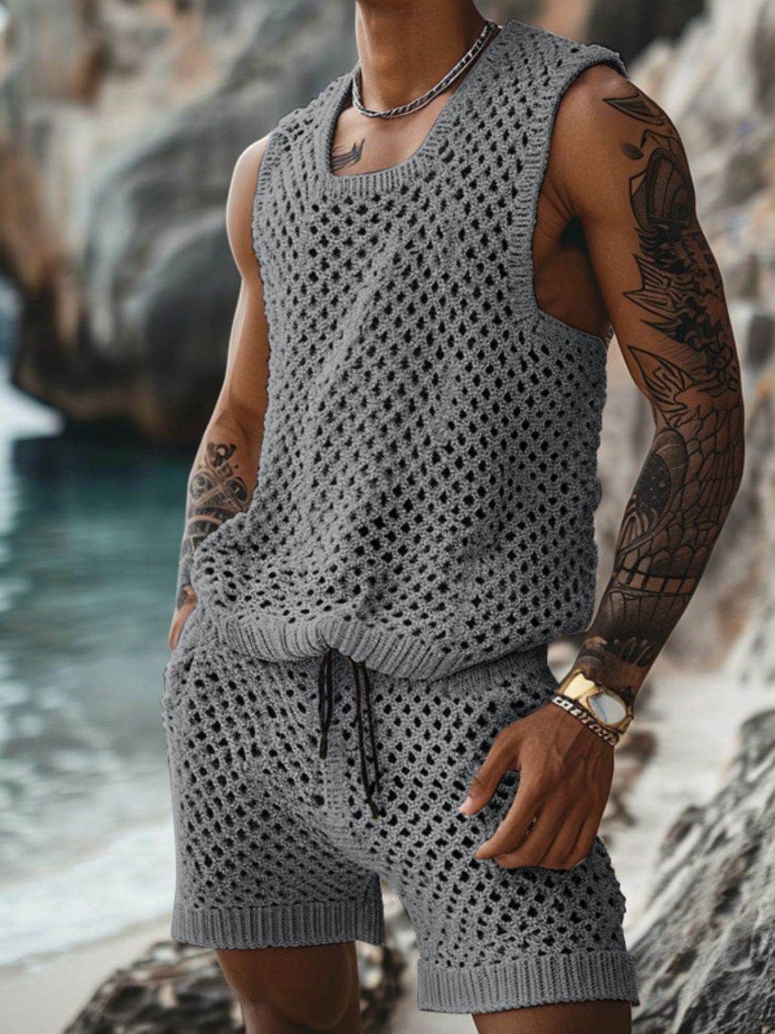 Hollow Out Round Neck Tank and Shorts Set - Purcell's Clothing Company