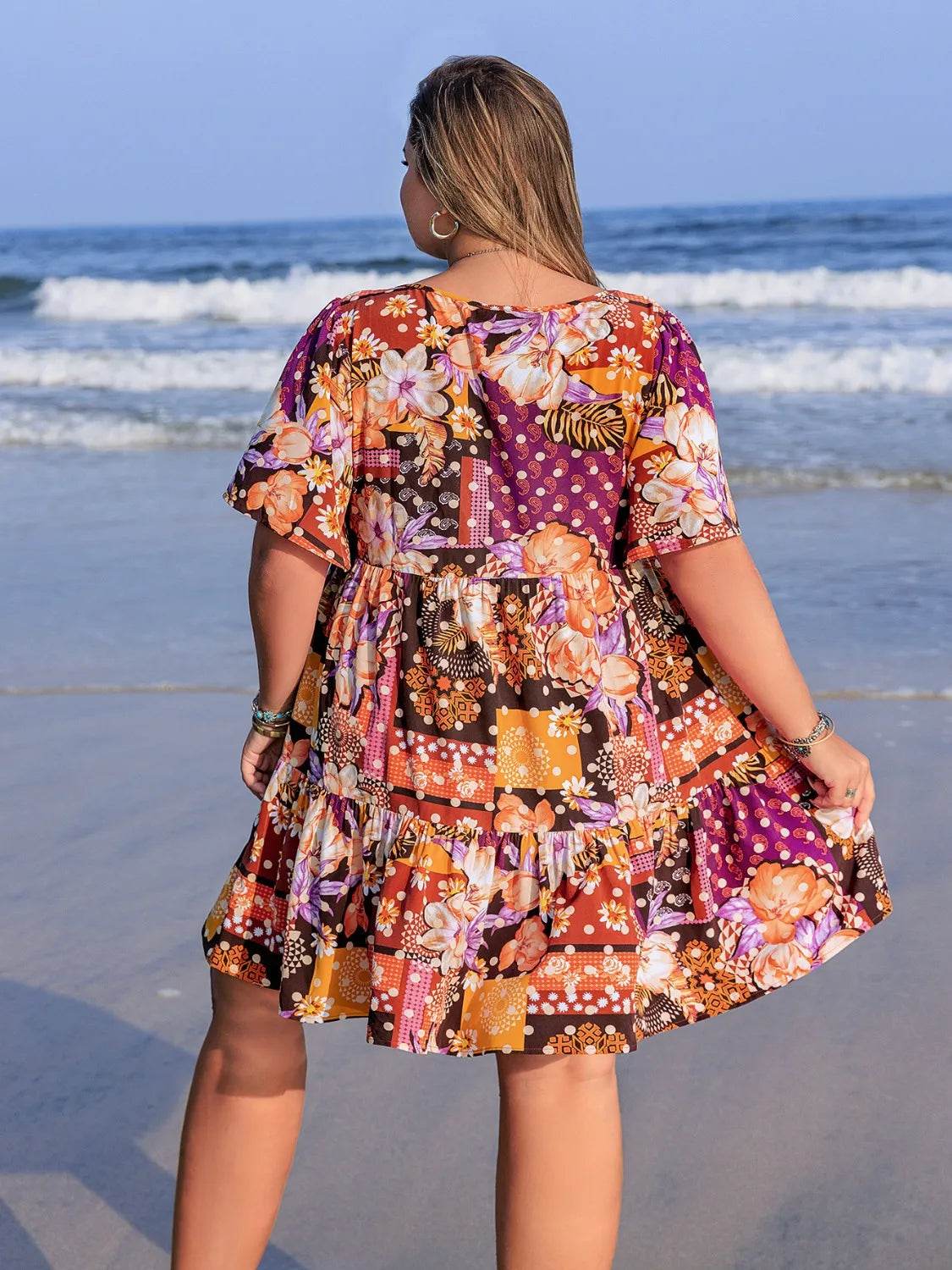 Plus Size Printed Round Neck Short Sleeve Dress - Purcell's Clothing Company