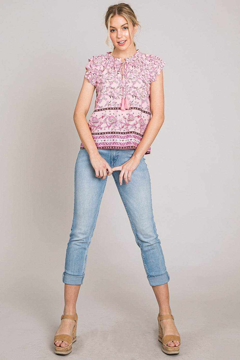 Cotton Bleu by Nu Lab Print Ruffle Sleeve Detail Blouse - Purcell's Clothing Company