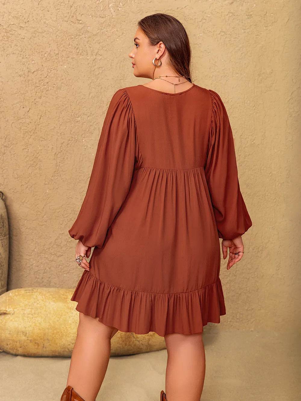 Plus Size Embroidered Tie Neck Balloon Sleeve Mini Dress - Purcell's Clothing Company