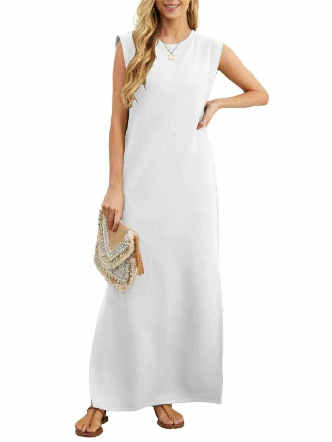 Full Size Slit Round Neck Sleeveless Maxi Tank Dress Plus Size - Purcell's Clothing Company